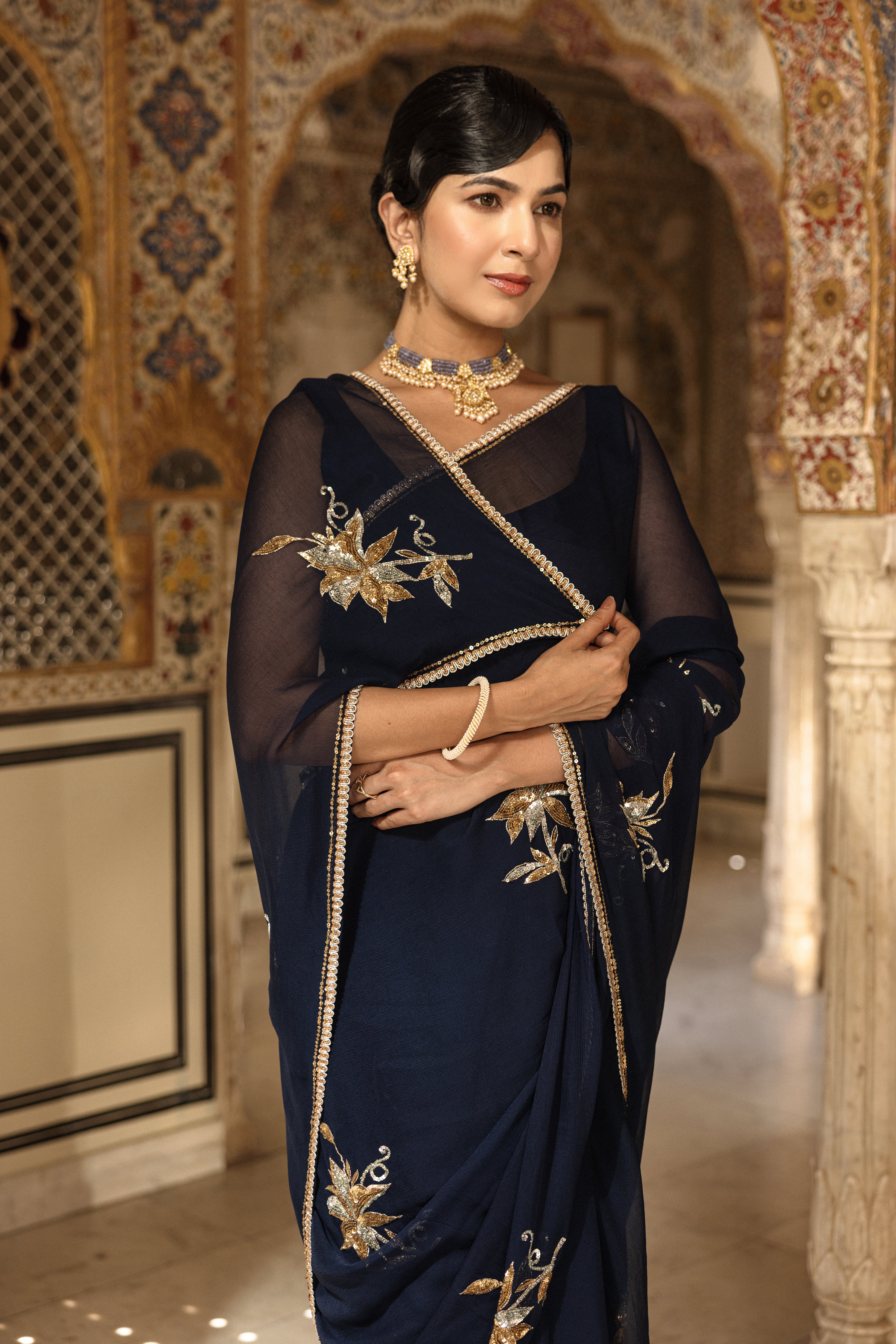 Navy Blue Pure Chiffon Aari Sequins Handwork  Saree