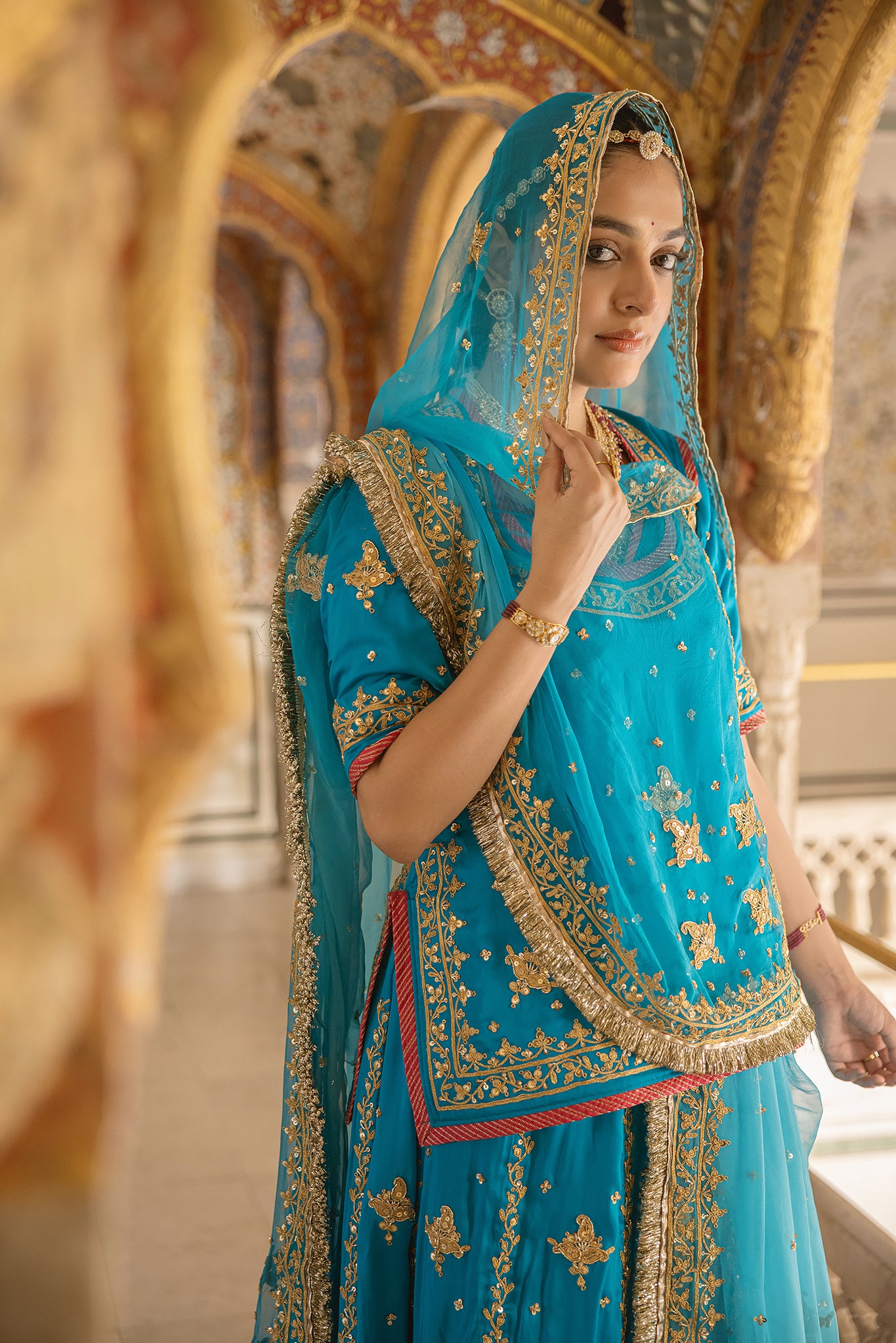 Firozi Bamber Satin Dori Salma Tari Handwork  Poshak (Unstitched)