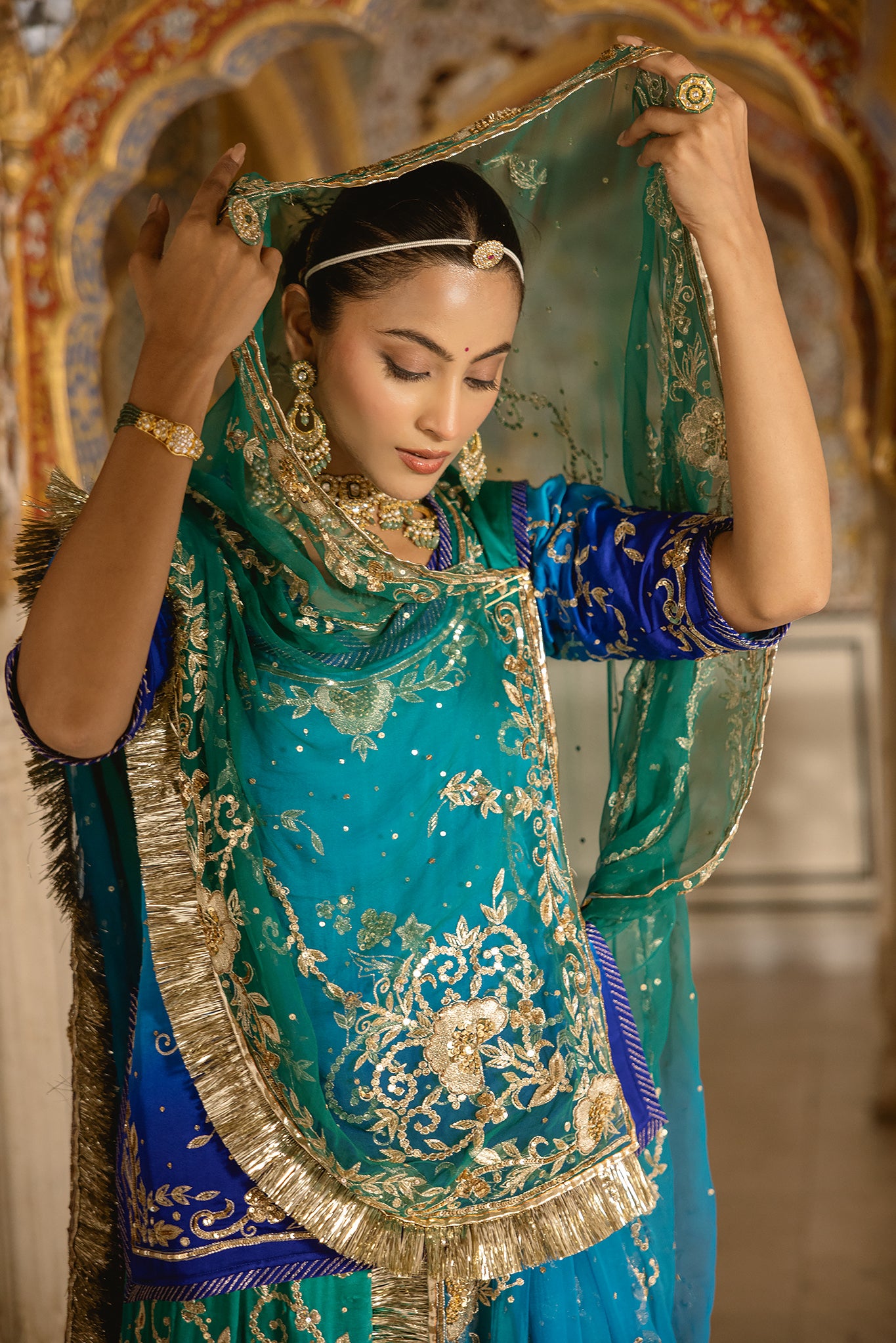 Peacock Shaded Pure Satin Aari Tari Zardozi  Handwork  Poshak With Pure Odhana  (Unstitched)
