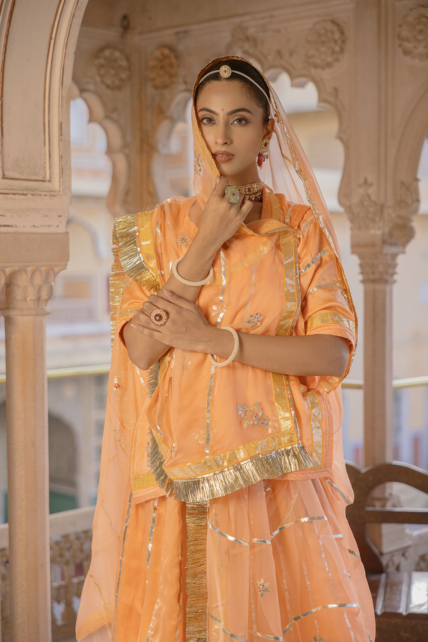 Peach  Bamber Satin Laffa Patti work Handwork  Poshak
