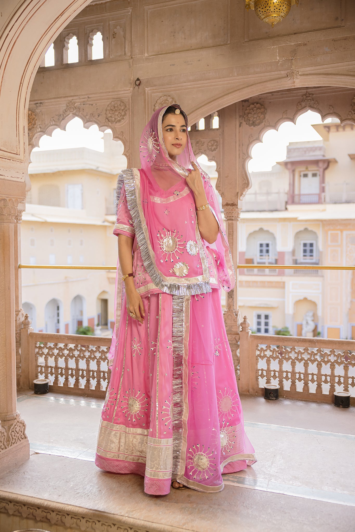 Pink Bamber Satin Laffi Laffa work Handwork  Poshak