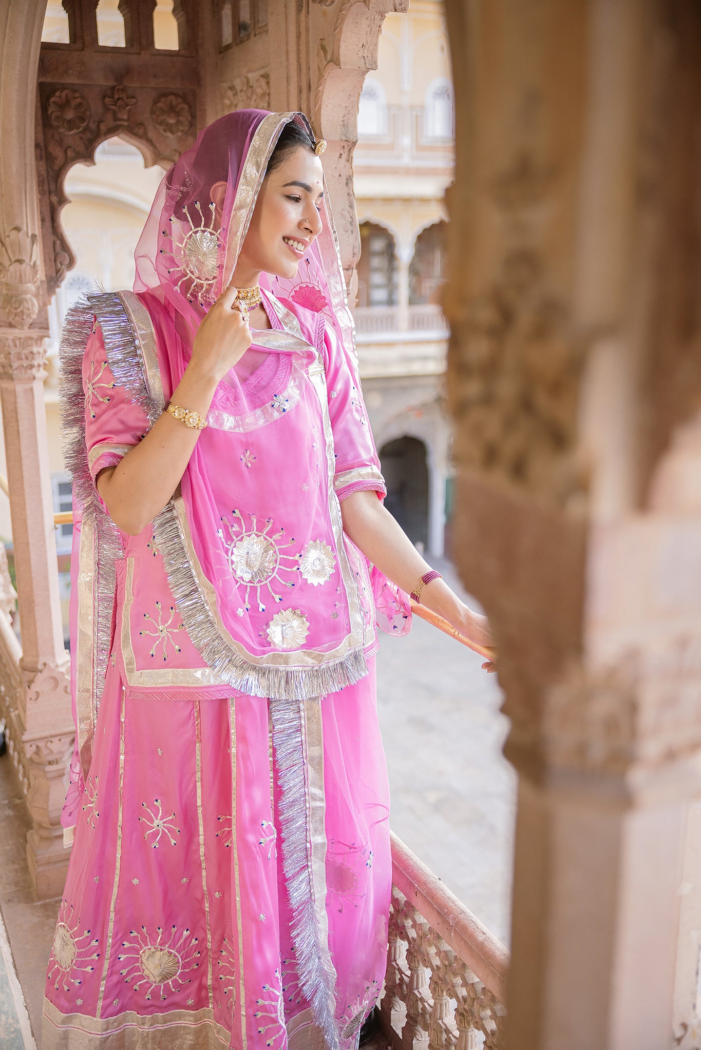 Pink Bamber Satin Laffi Laffa work Handwork  Poshak