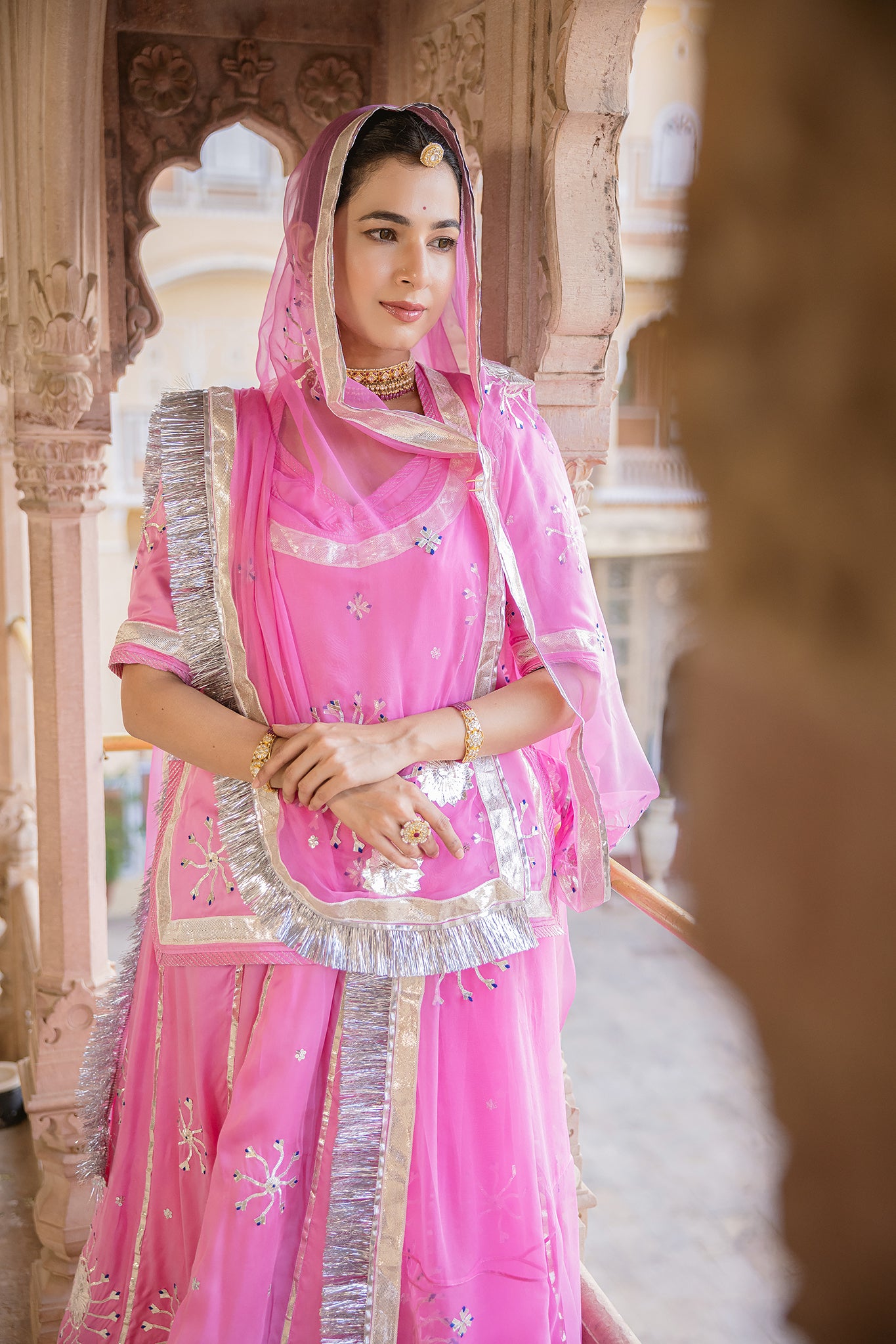 Pink Bamber Satin Laffi Laffa work Handwork  Poshak