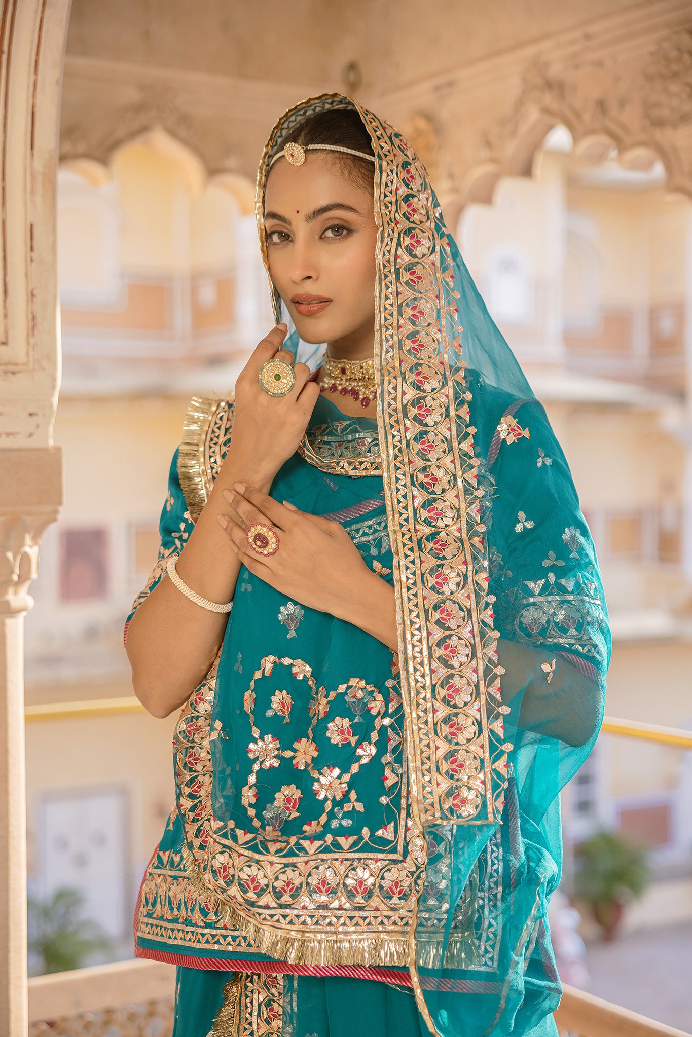 Rama Green Bamber Satin Gotta Patti Mudi work Handwork  Poshak (Unstitched)