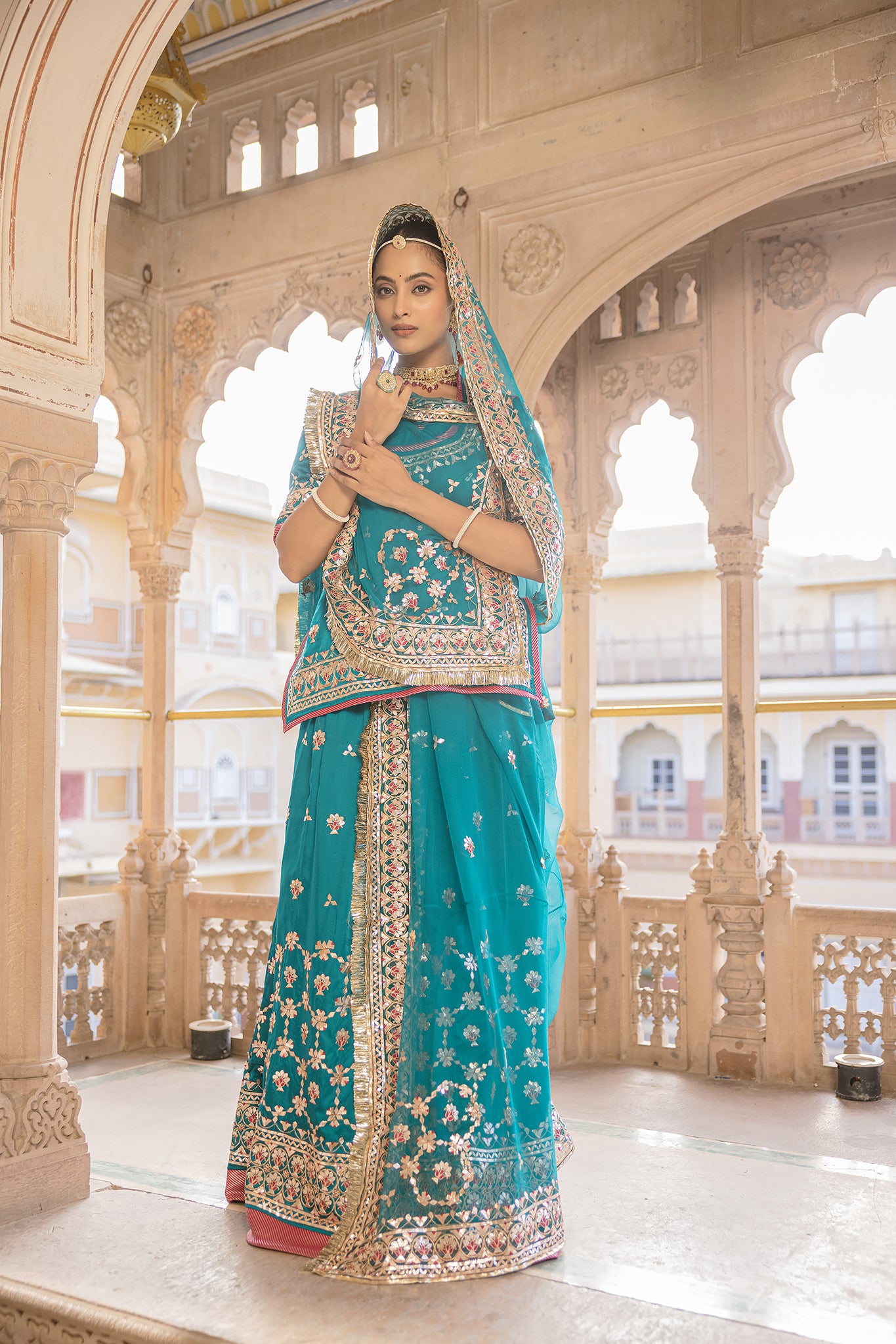 Rama Green Bamber Satin Gotta Patti Mudi work Handwork  Poshak (Unstitched)