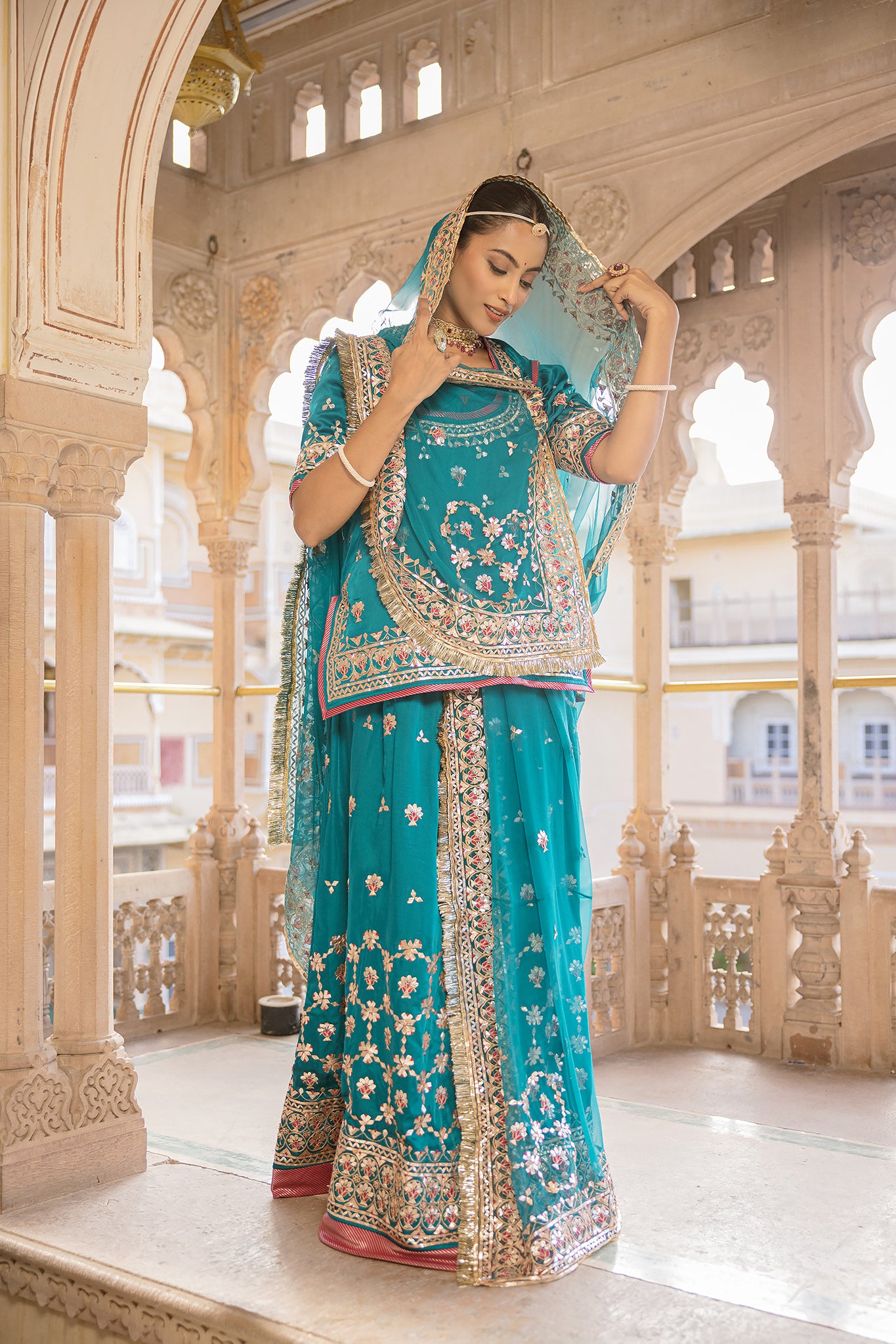 Rama Green Bamber Satin Gotta Patti Mudi work Handwork  Poshak (Unstitched)