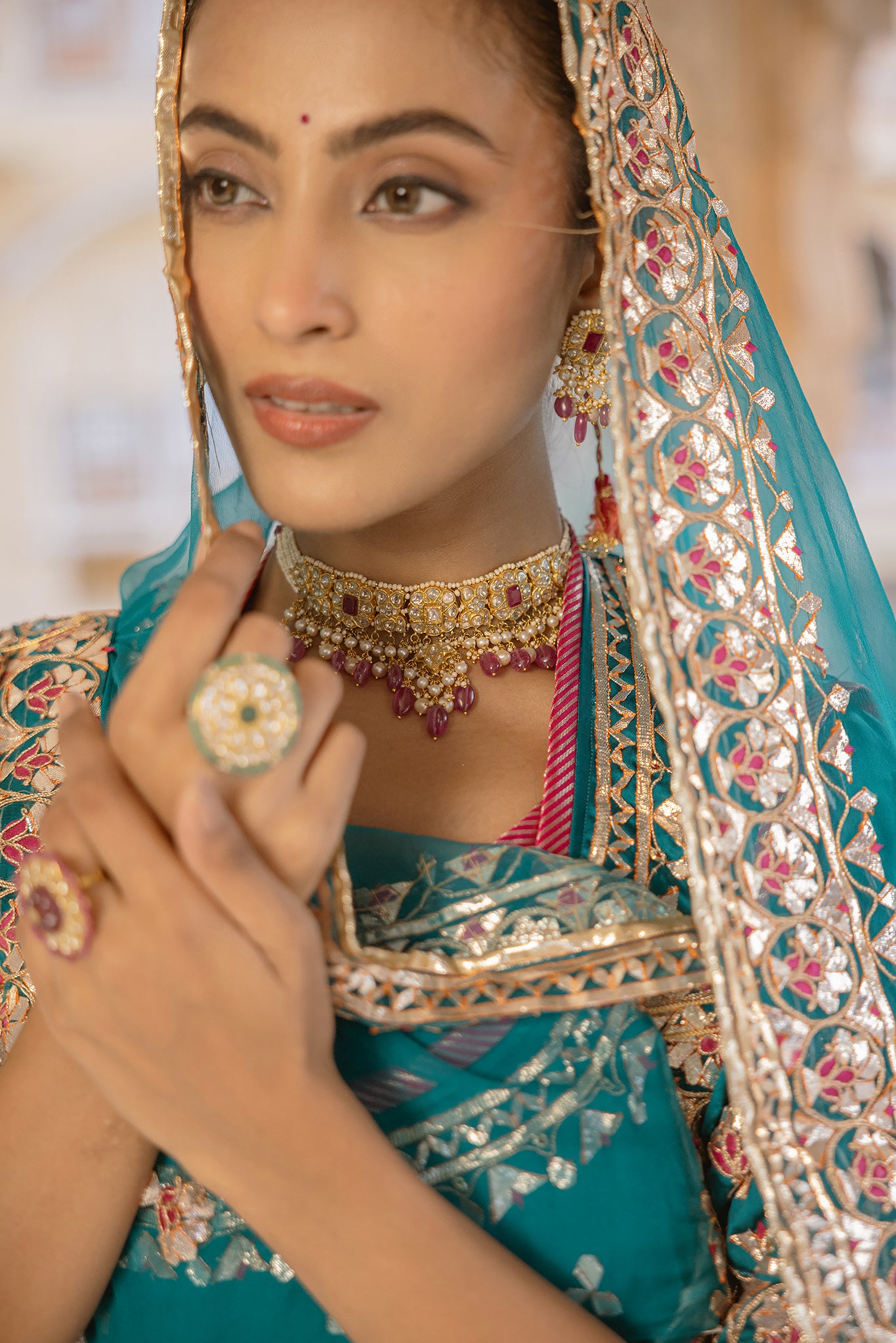 Rama Green Bamber Satin Gotta Patti Mudi work Handwork  Poshak (Unstitched)