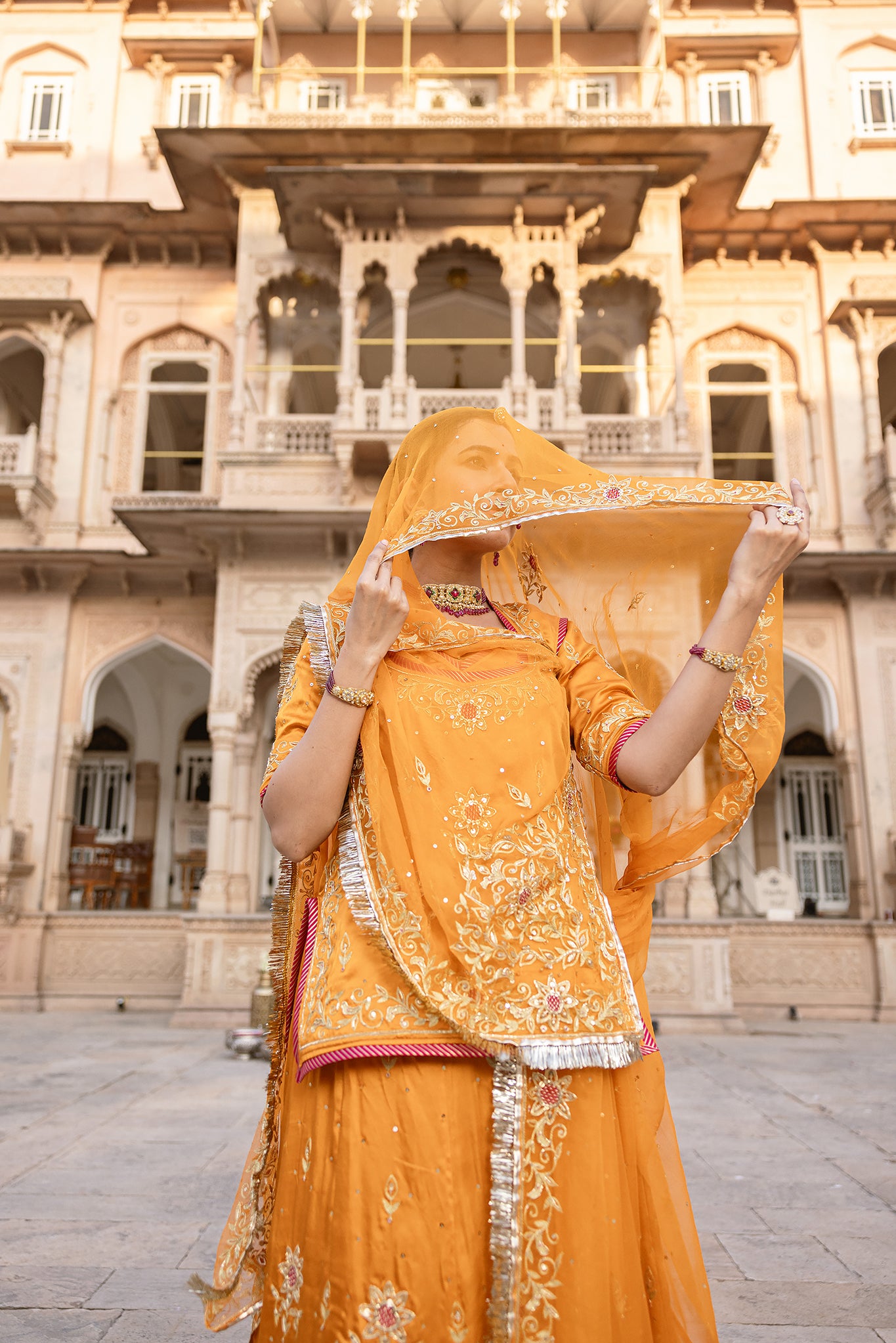 Mustard Yellow Bamber Satin Aari Salma Tari Handwork  Poshak (Unstitched)