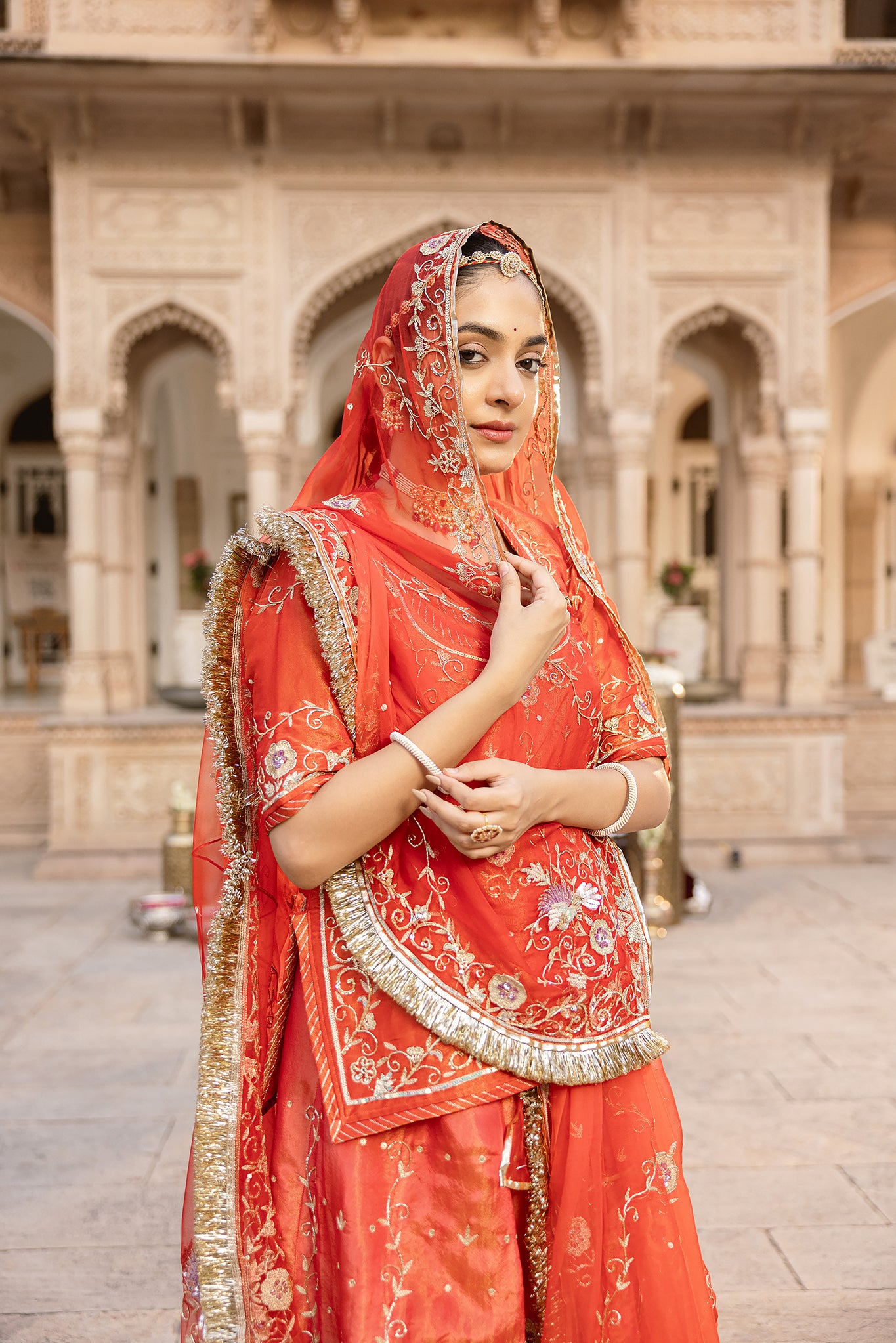 Red Rust Tissue  Aari Salma Tari Handwork  Poshak