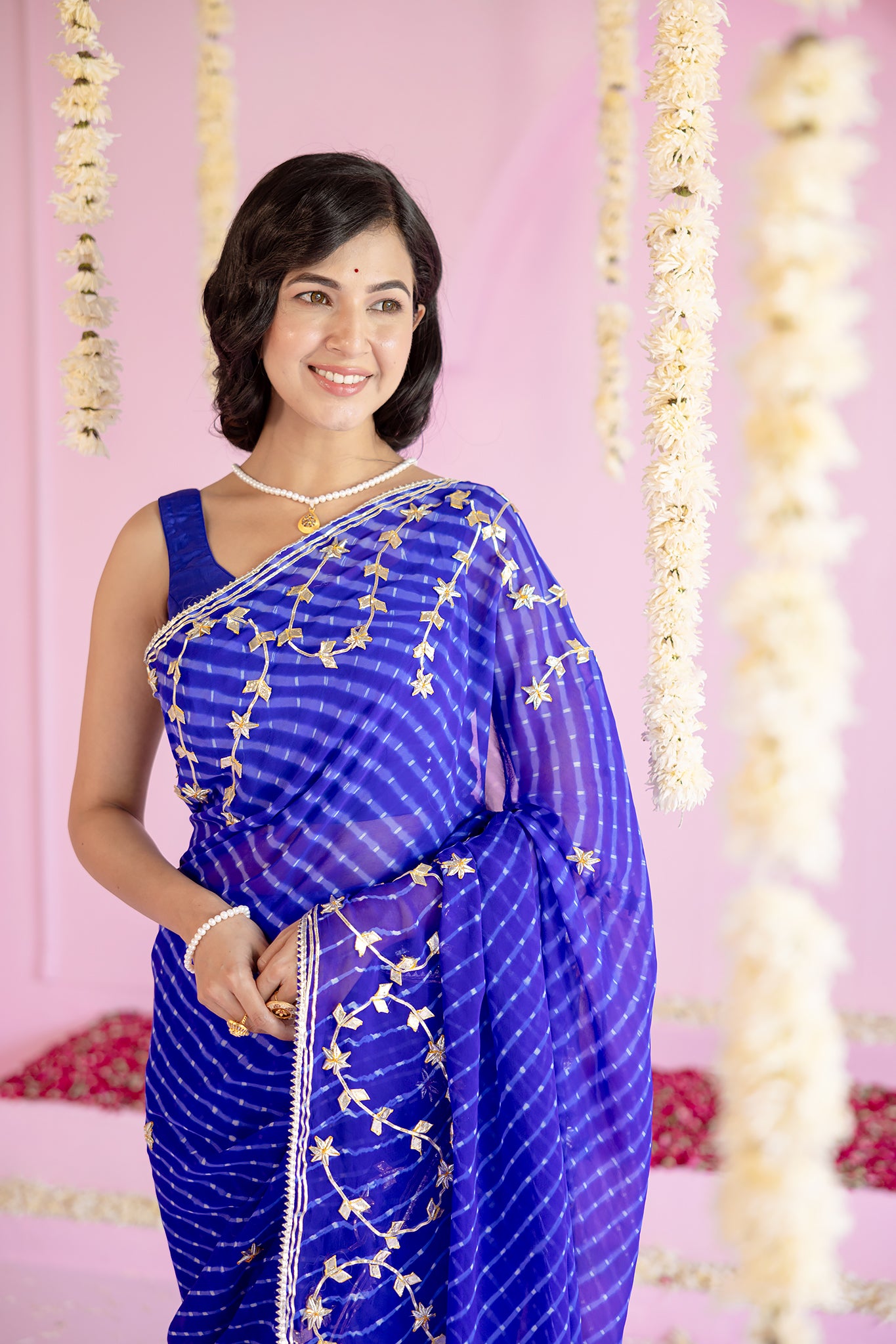 Pure Georgette 40 Gsm Blue Leheriya Mothda Sikhiya Gota Patti Work Saree