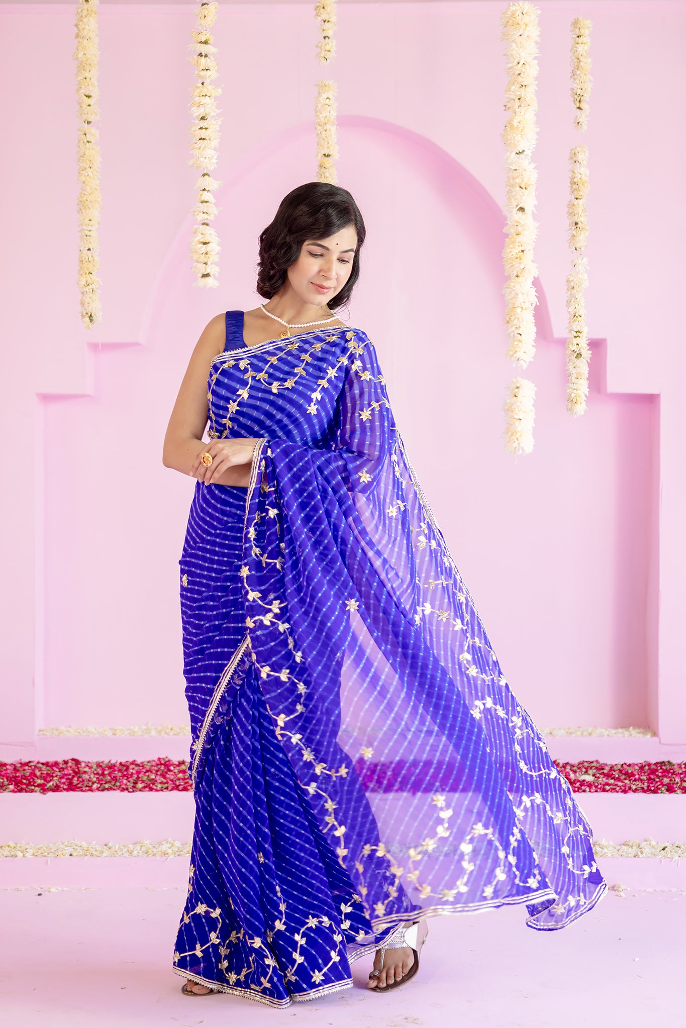 Pure Georgette 40 Gsm Blue Leheriya Mothda Sikhiya Gota Patti Work Saree