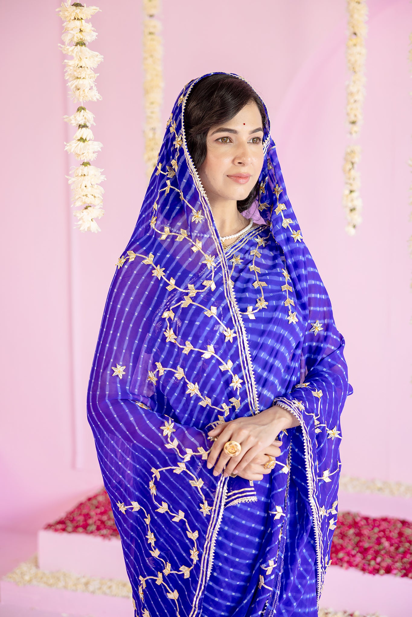 Pure Georgette 40 Gsm Blue Leheriya Mothda Sikhiya Gota Patti Work Saree