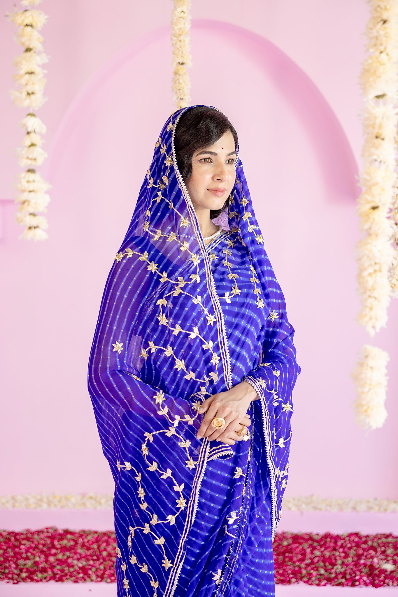 Pure Georgette 40 Gsm Blue Leheriya Mothda Sikhiya Gota Patti Work Saree