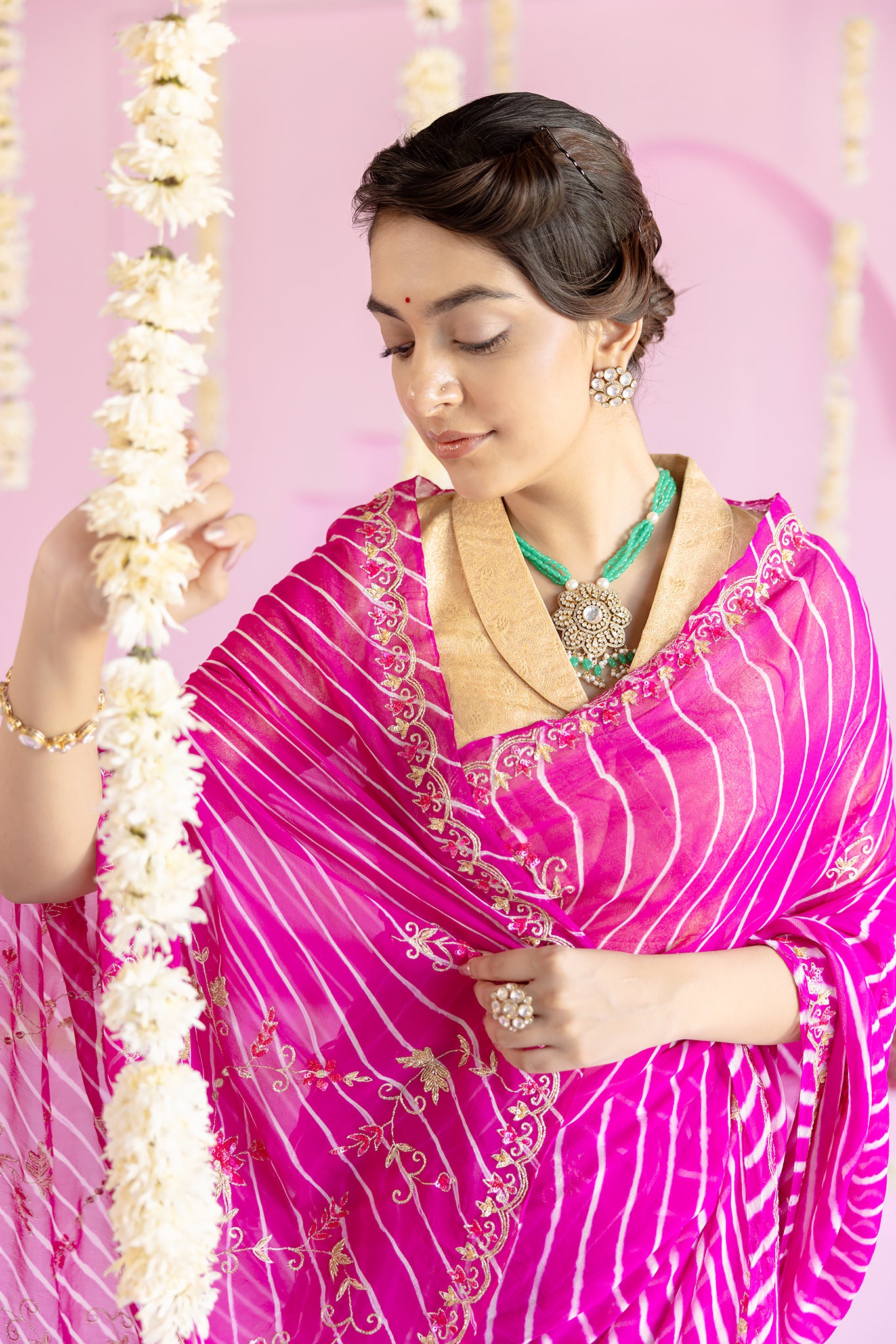 Pure Georgette 40 Gsm Leheriya Rani Aari sequins Kardana Work Saree