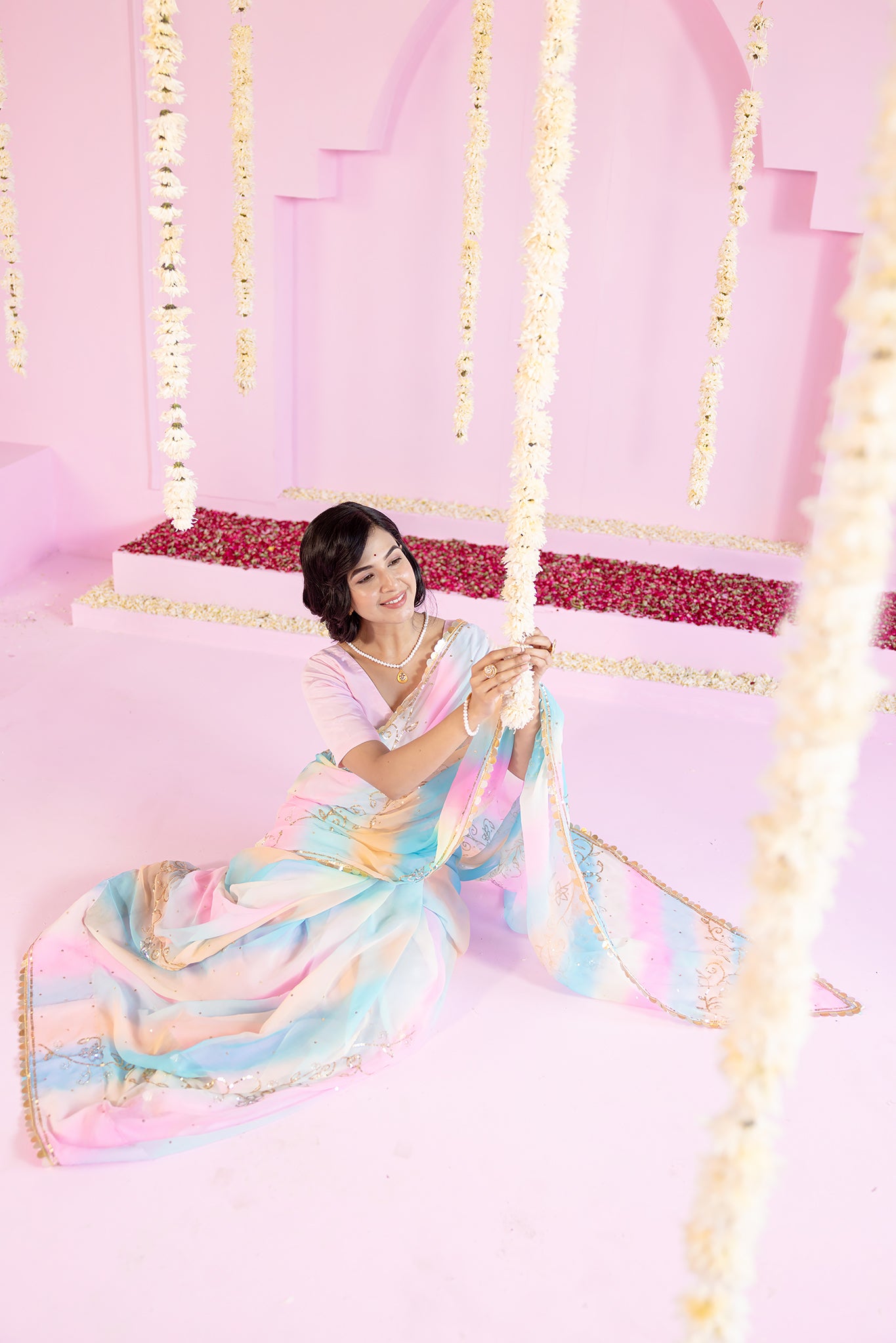 Pure Chiffon Samundar Leheriya Aari Sequins Chaadi Work Saree