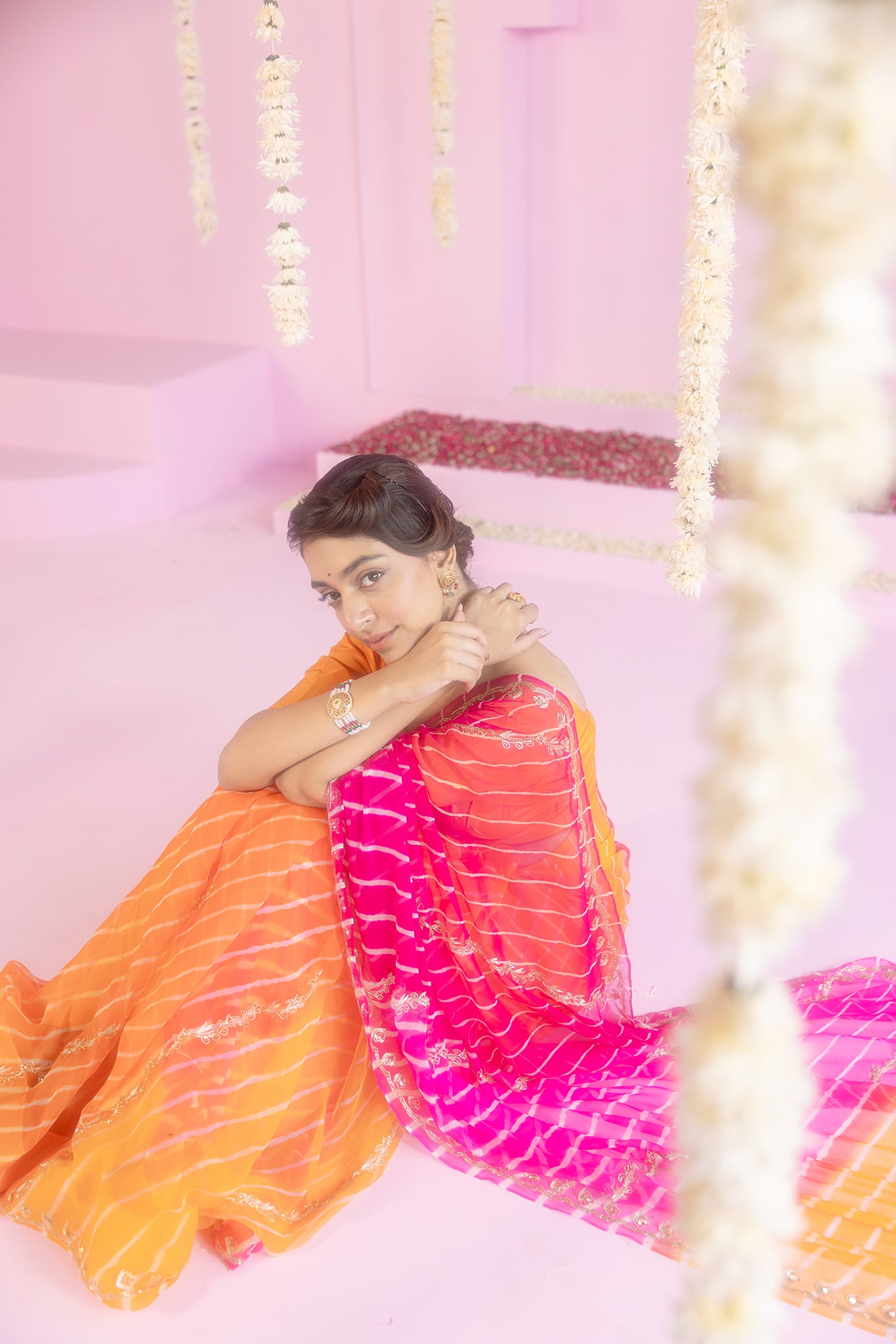 Pure Georgette 20 Gsm Multi Colour Leheriya Aari Sequins Kardana Border Chaadi Work Saree