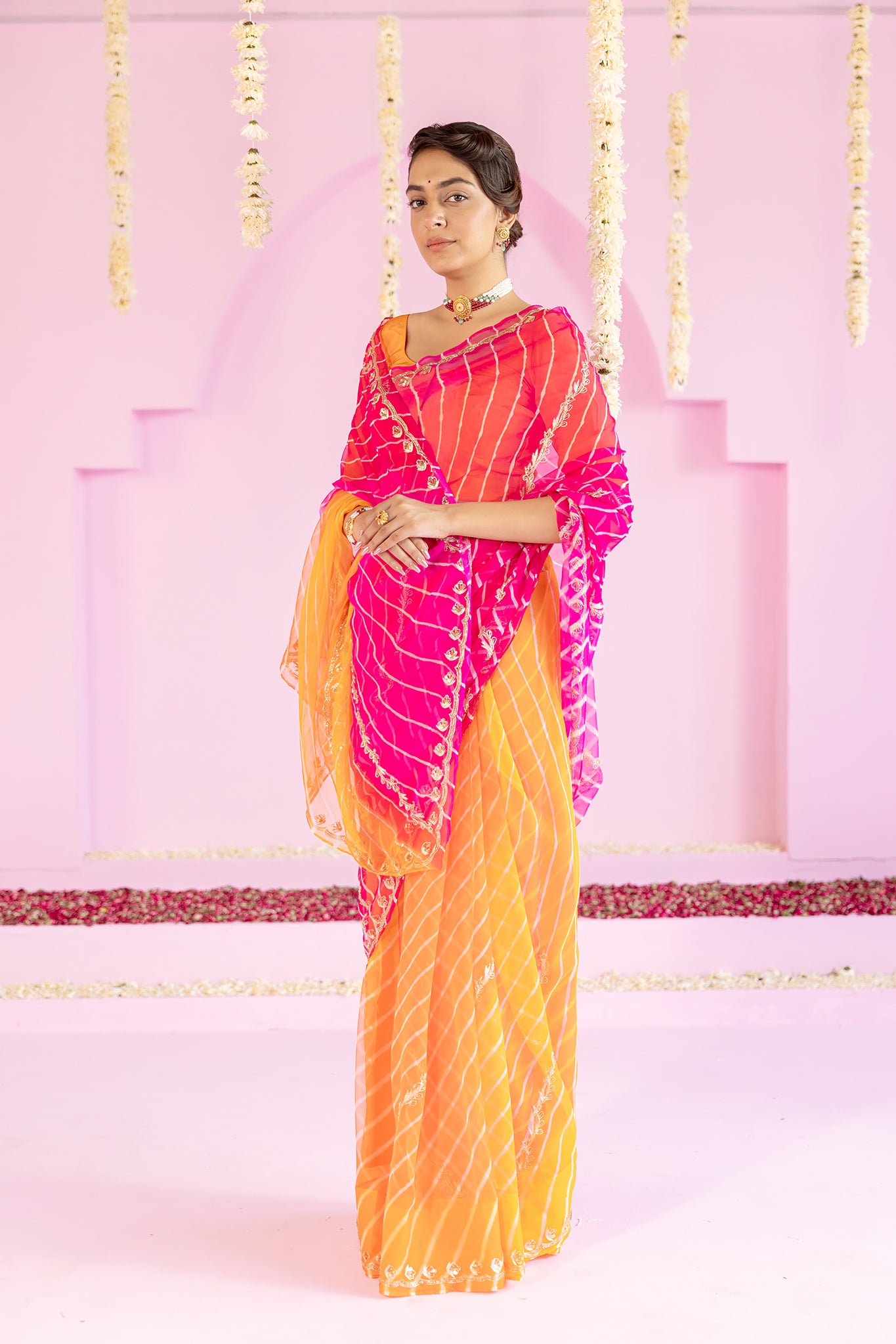 Pure Georgette 20 Gsm Multi Colour Leheriya Aari Sequins Kardana Border Chaadi Work Saree