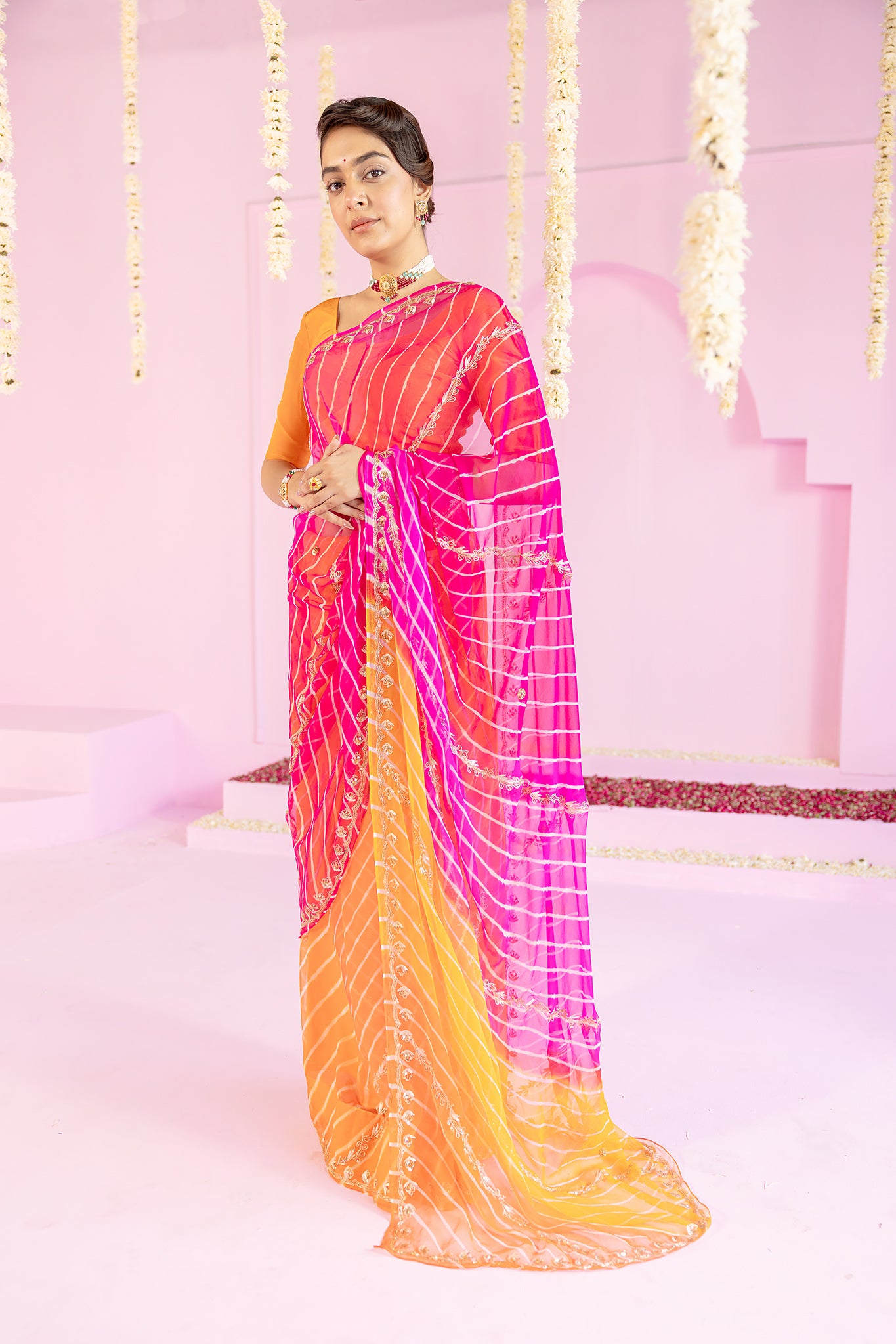 Pure Georgette 20 Gsm Multi Colour Leheriya Aari Sequins Kardana Border Chaadi Work Saree