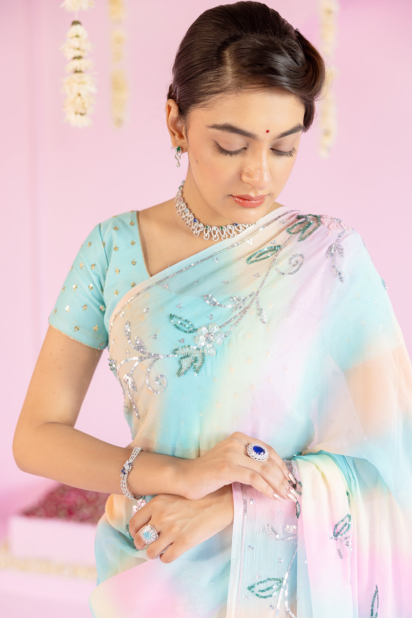 Pure Chiffon Samundar Leheriya Colour Sequins Work Saree