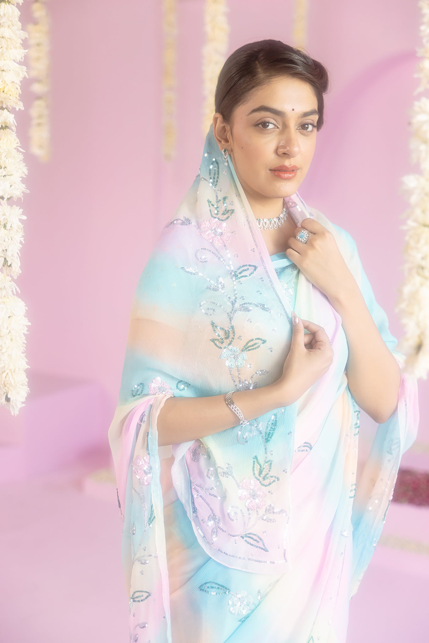 Pure Chiffon Samundar Leheriya Colour Sequins Work Saree