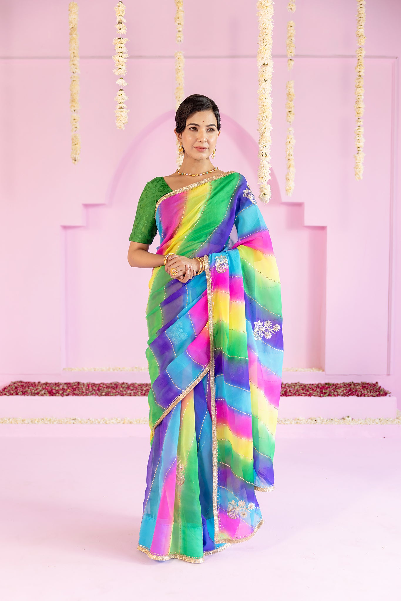 Pure Chiffon Multi colour Leheriya Aari Sequins Work Saree