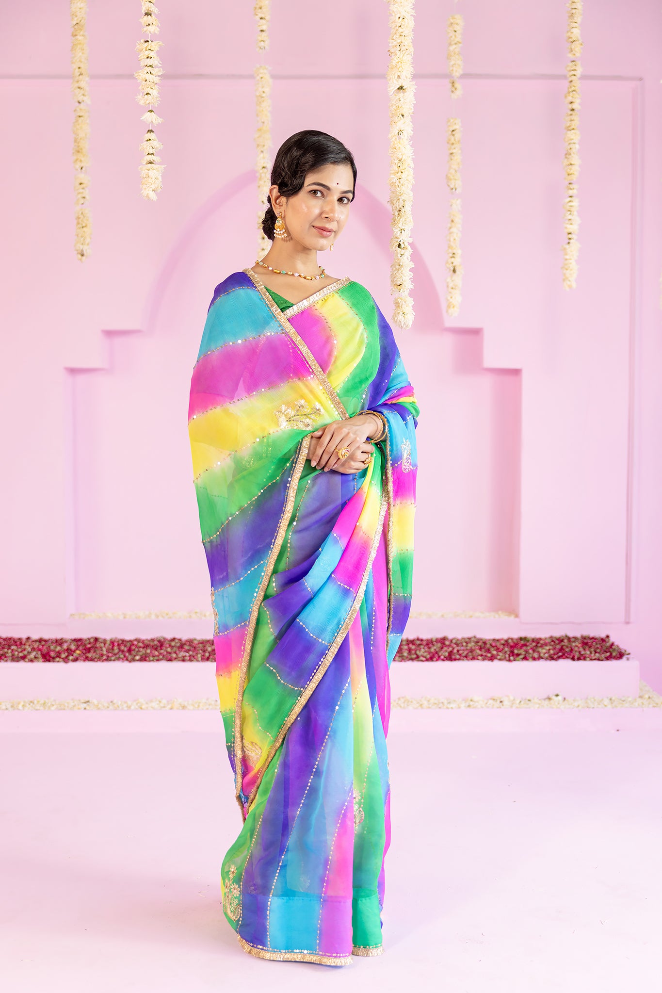 Pure Chiffon Multi colour Leheriya Aari Sequins Work Saree