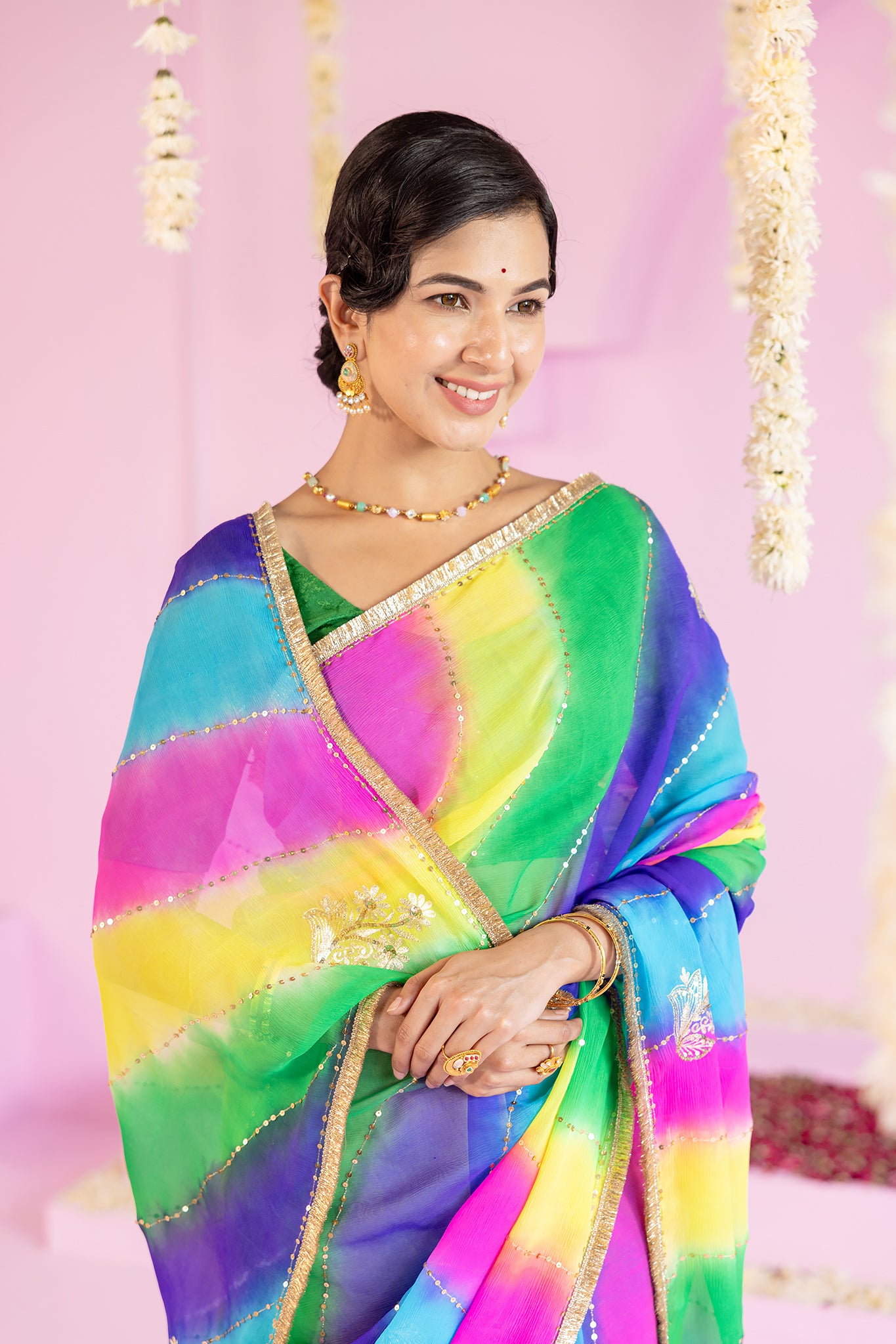 Pure Chiffon Multi colour Leheriya Aari Sequins Work Saree