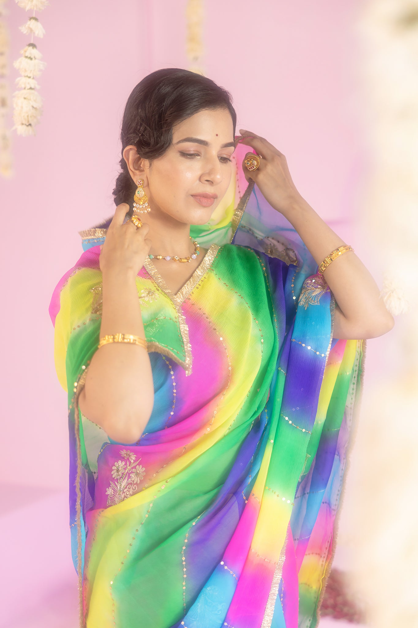 Pure Chiffon Multi colour Leheriya Aari Sequins Work Saree
