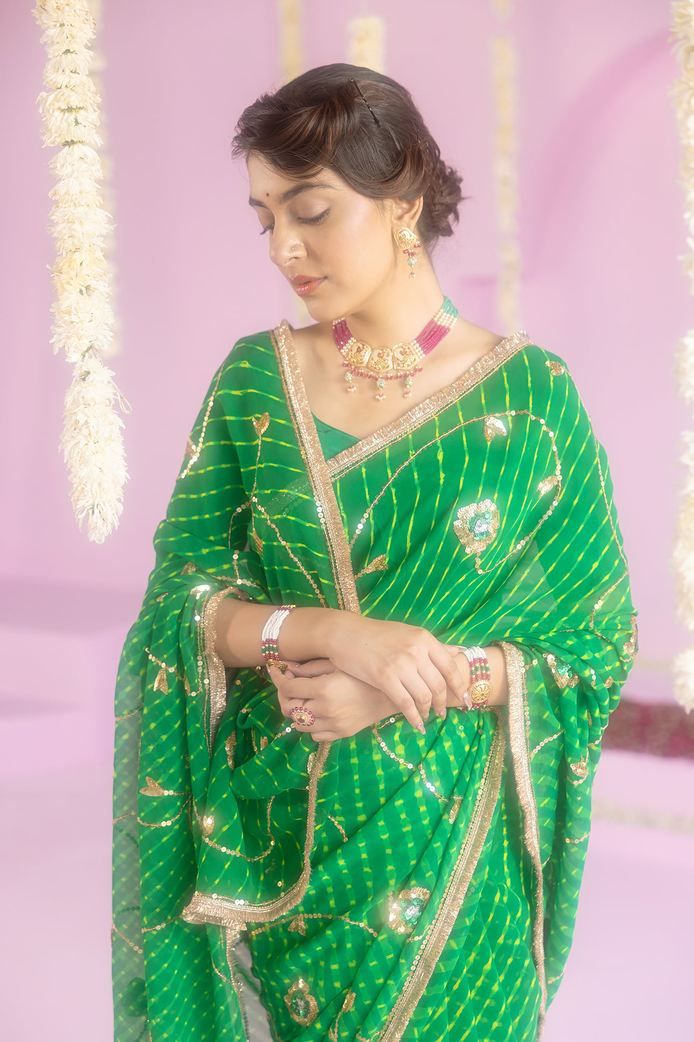 Pure Georgette 40 Gsm Green Leheriya Mothada Sequins Jaal Work Saree