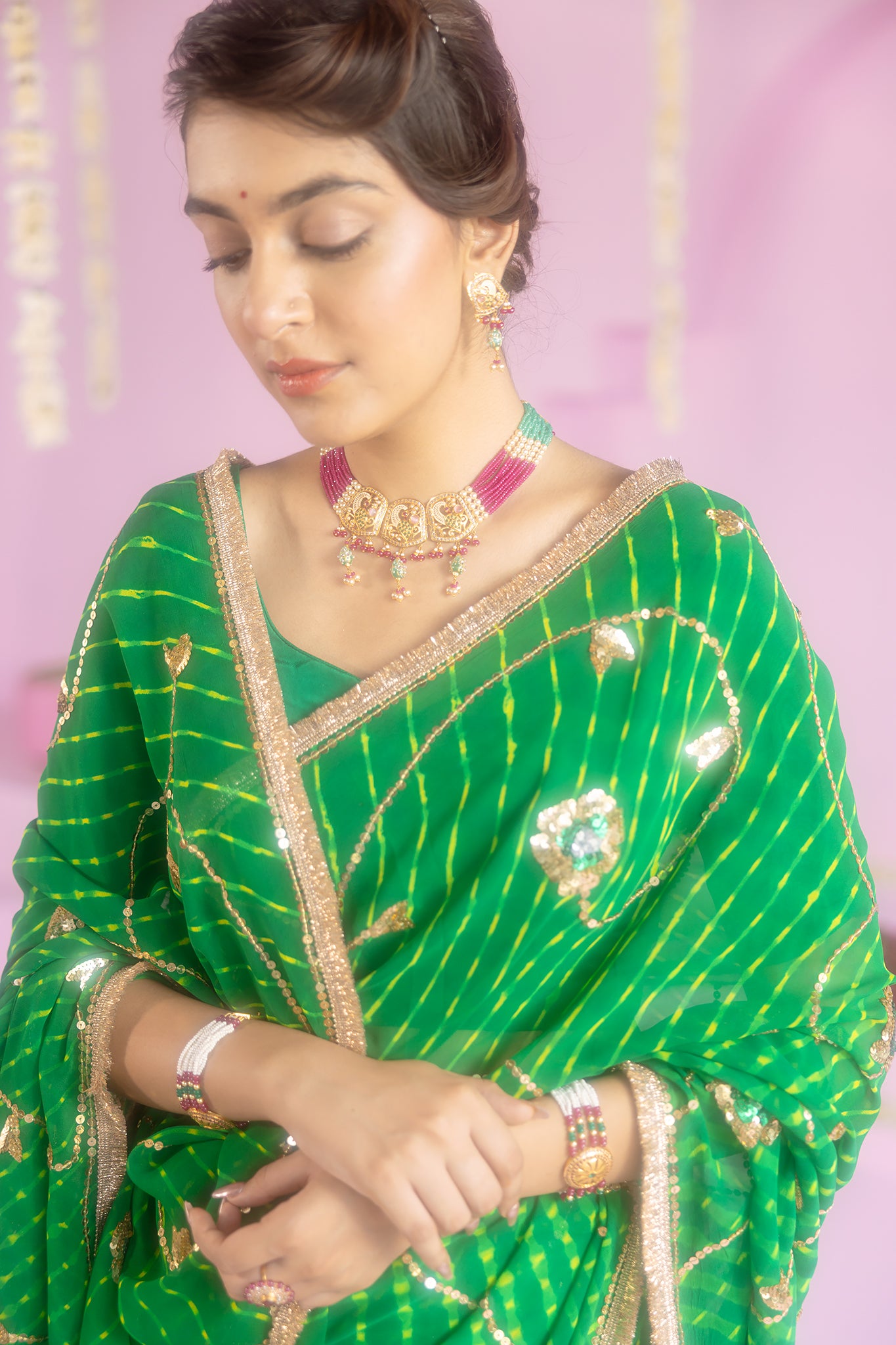 Pure Georgette 40 Gsm Green Leheriya Mothada Sequins Jaal Work Saree