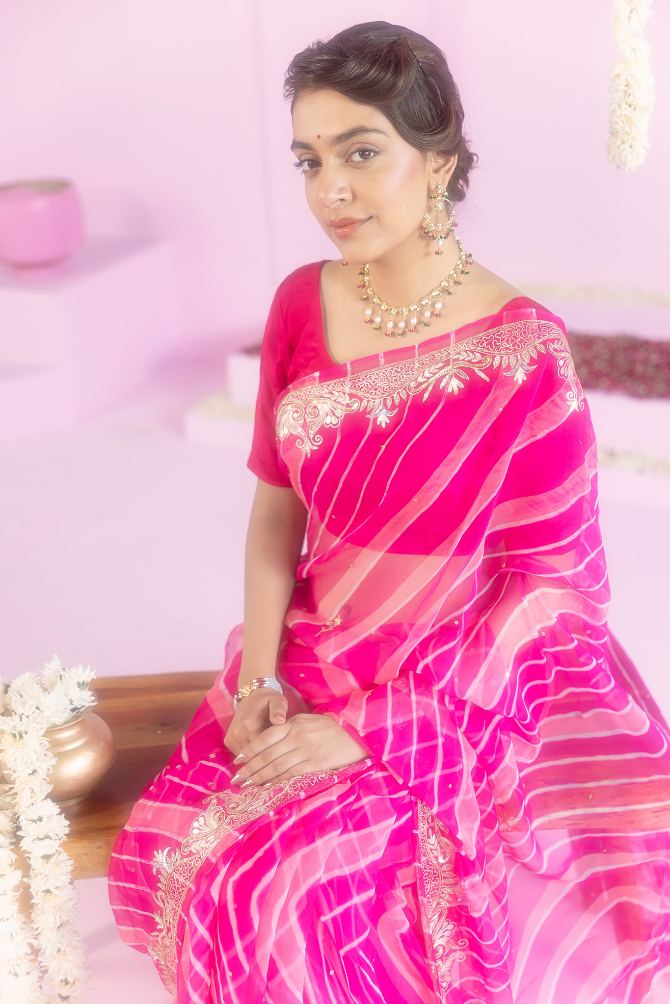 Pure Georgette 20 Gsm Rani Peach Leheriya Aari Sequins Border Butti Saree