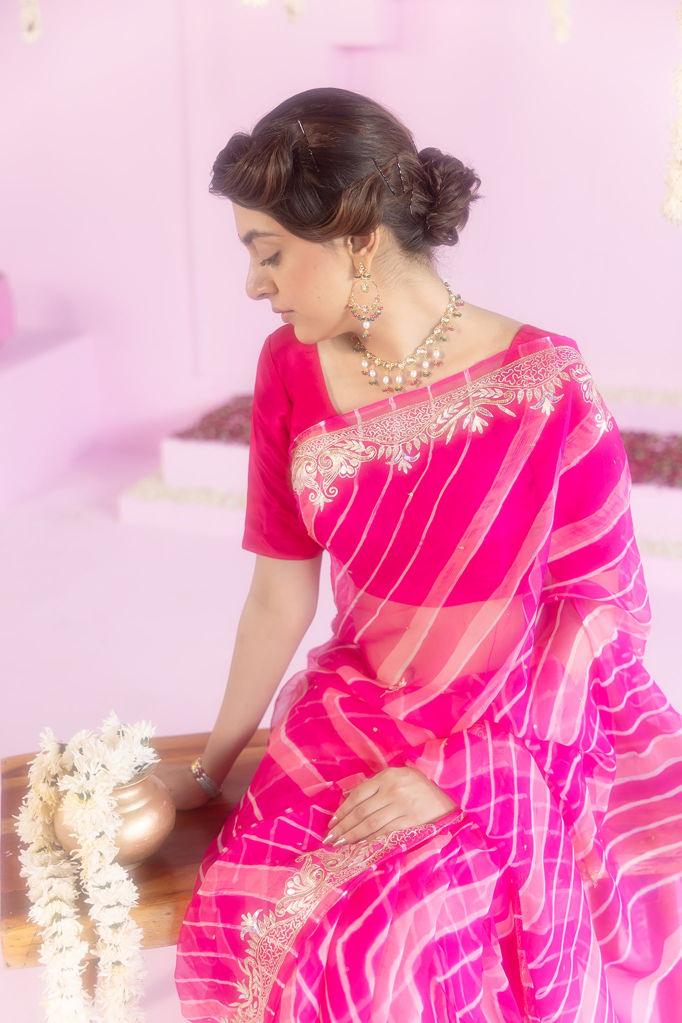 Pure Georgette 20 Gsm Rani Peach Leheriya Aari Sequins Border Butti Saree