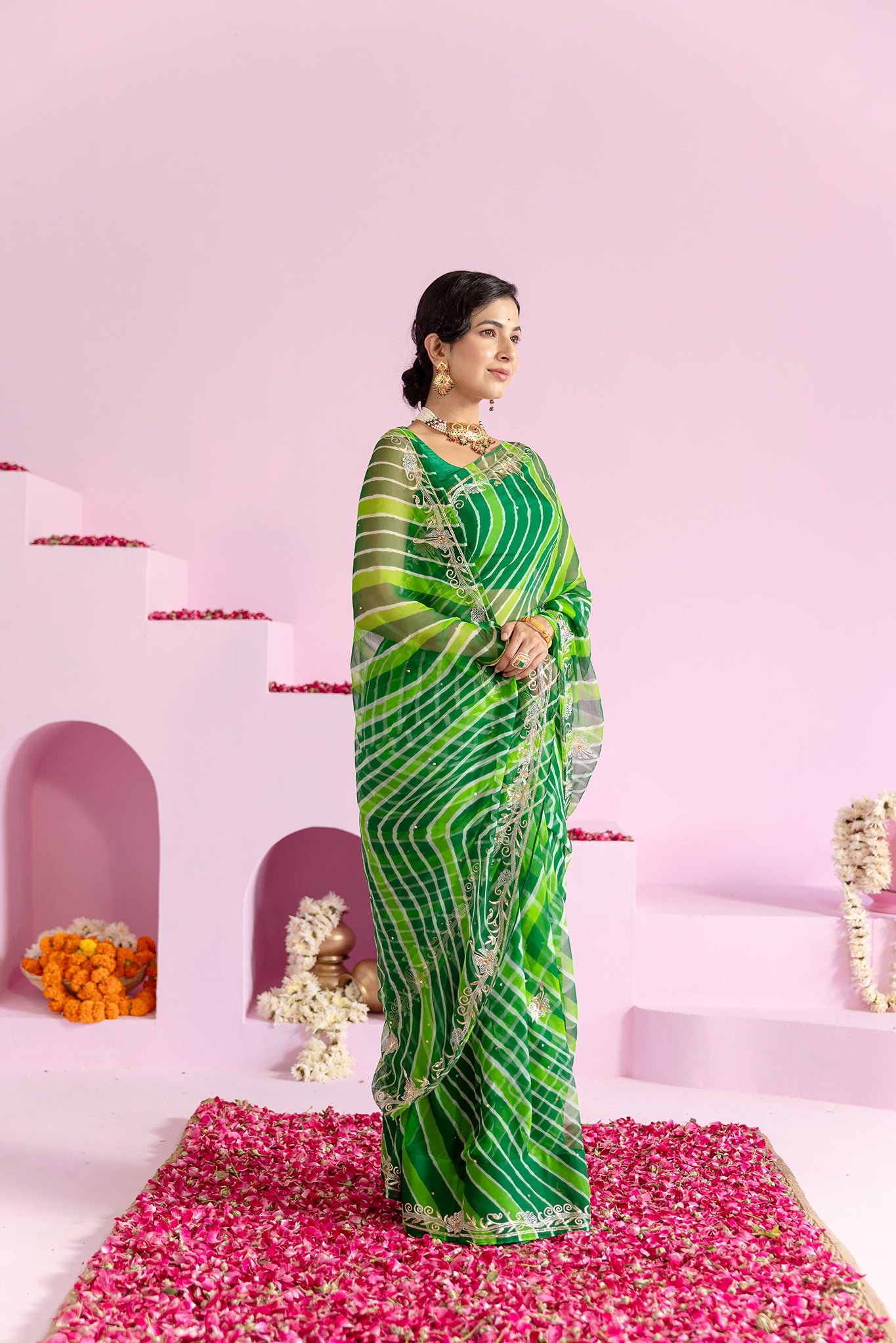 Pure Georgette 20 Gsm Green Leheriya Aari Sequins Border Butti Work Saree