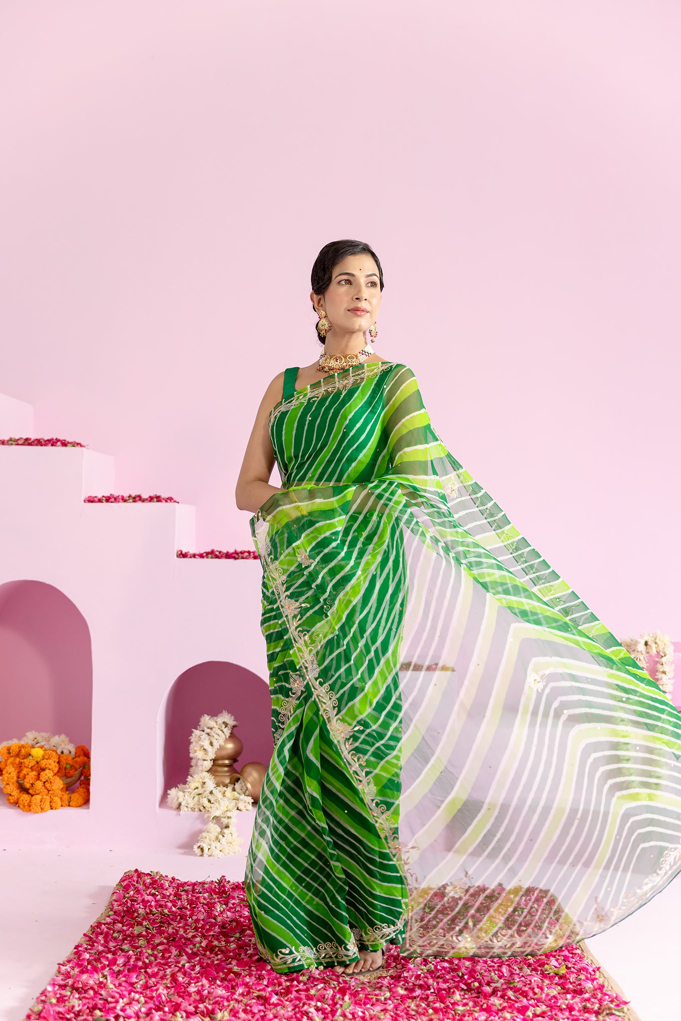 Pure Georgette 20 Gsm Green Leheriya Aari Sequins Border Butti Work Saree