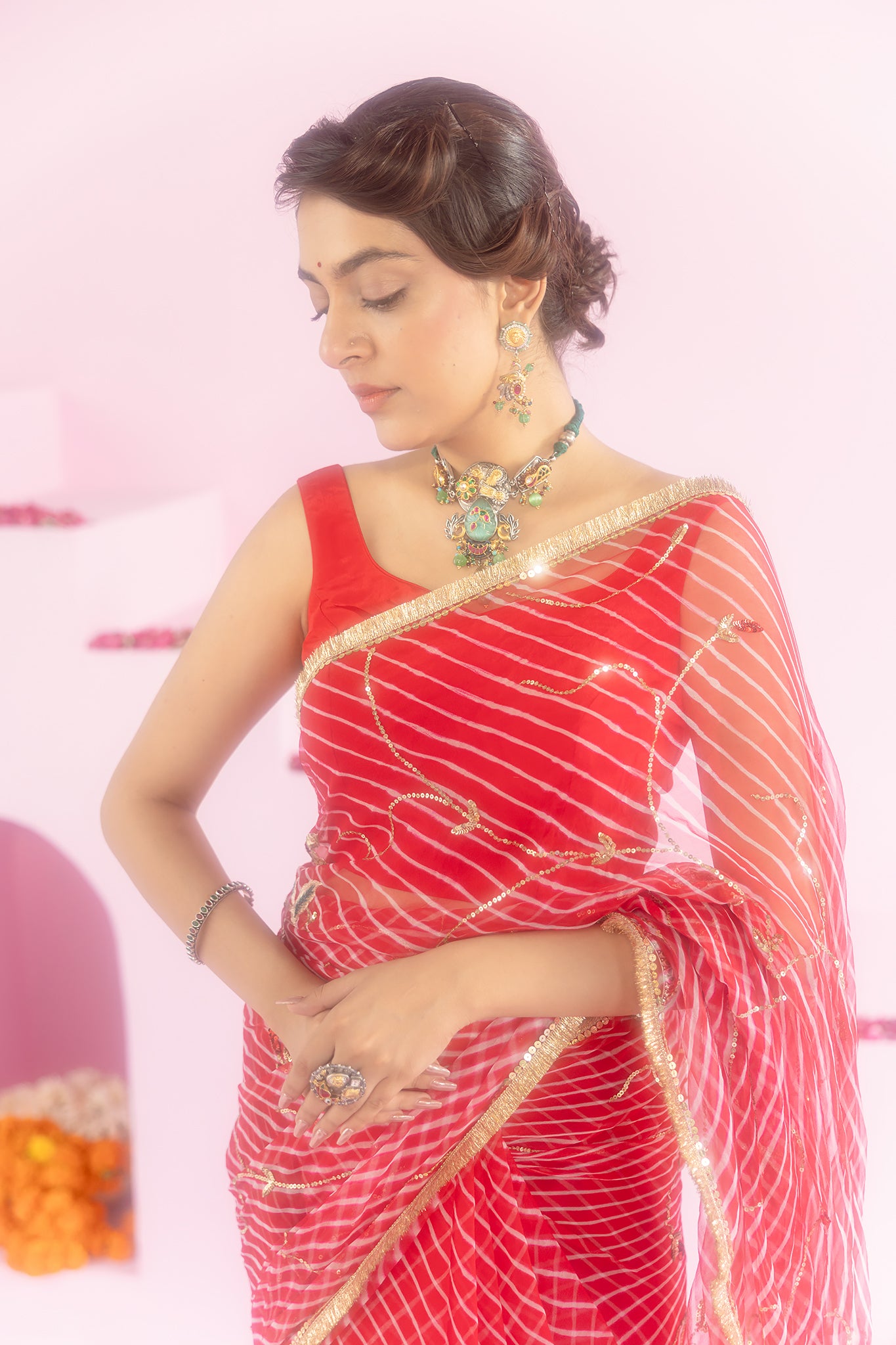 Pure Georgette 20 Gsm Red Leheriya Aari Sequins Jaal Work Saree