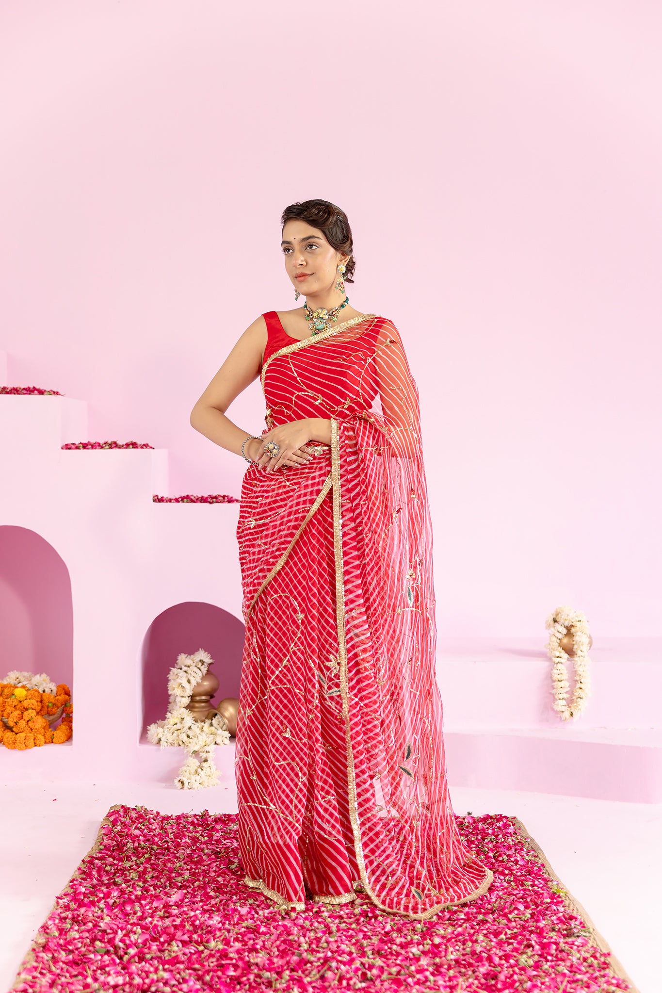 Pure Georgette 20 Gsm Red Leheriya Aari Sequins Jaal Work Saree