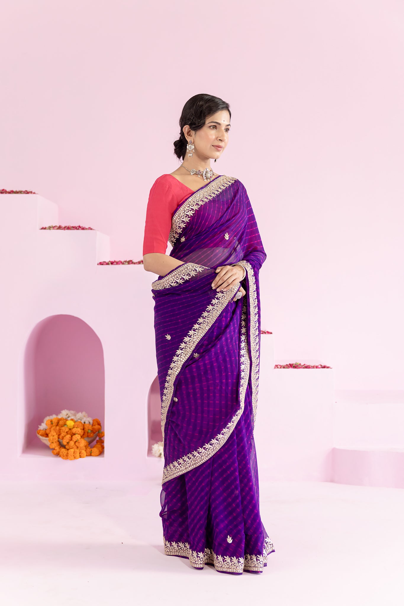 Pure Georgette 40 Gsm Blue Leheriya Mothda Gota Patti Work Saree