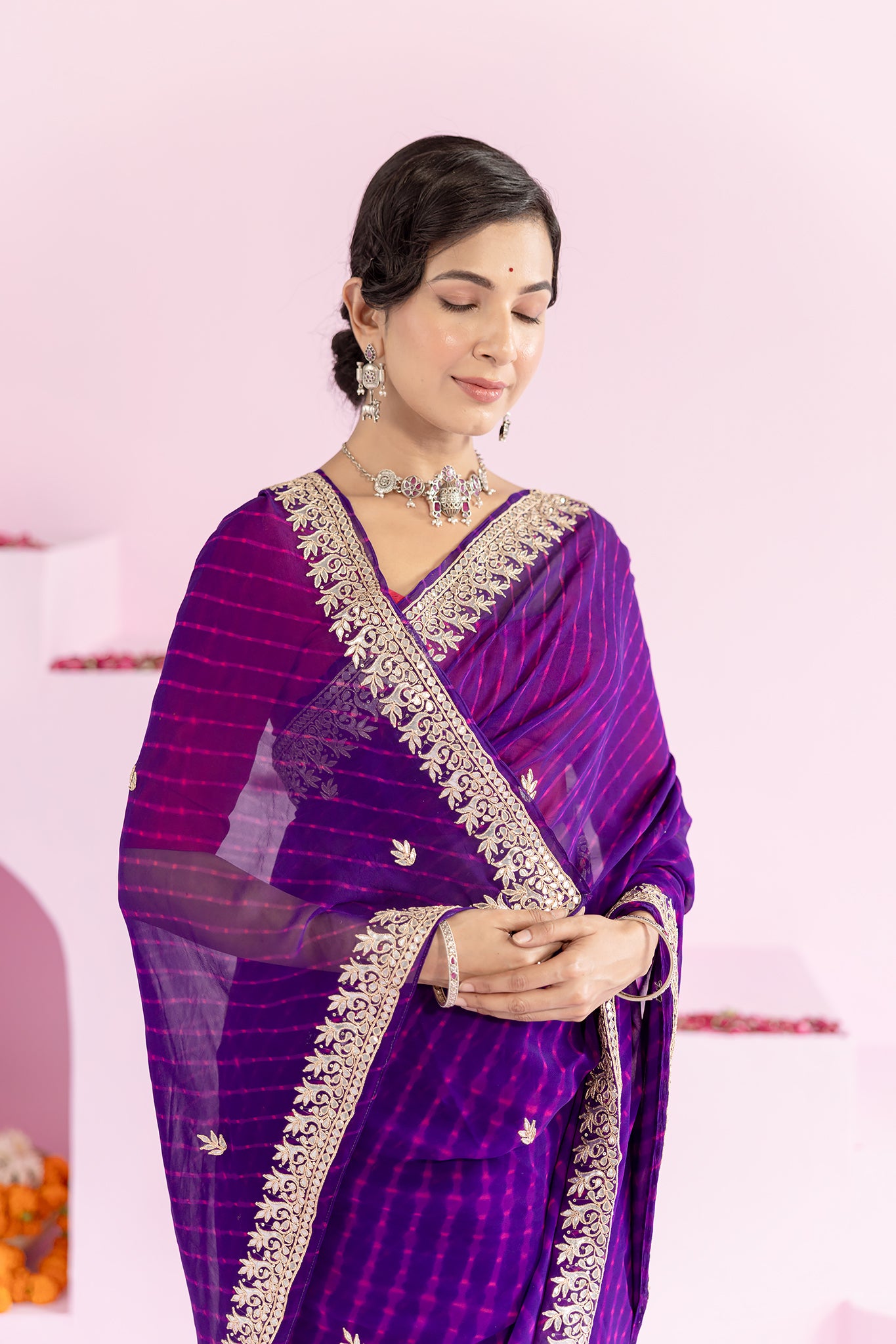 Pure Georgette 40 Gsm Blue Leheriya Mothda Gota Patti Work Saree