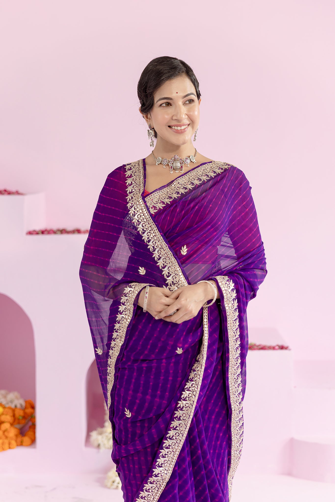 Pure Georgette 40 Gsm Blue Leheriya Mothda Gota Patti Work Saree