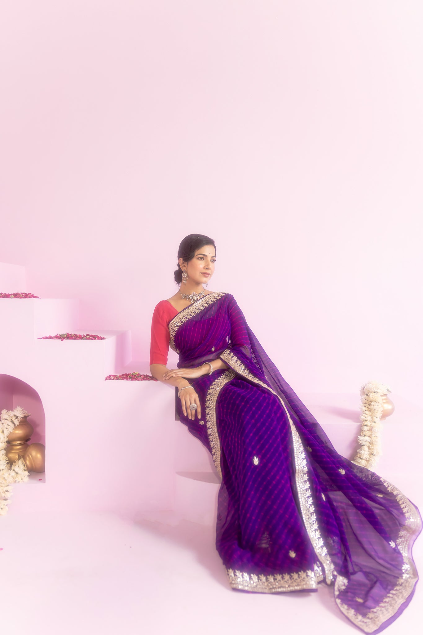 Pure Georgette 40 Gsm Blue Leheriya Mothda Gota Patti Work Saree