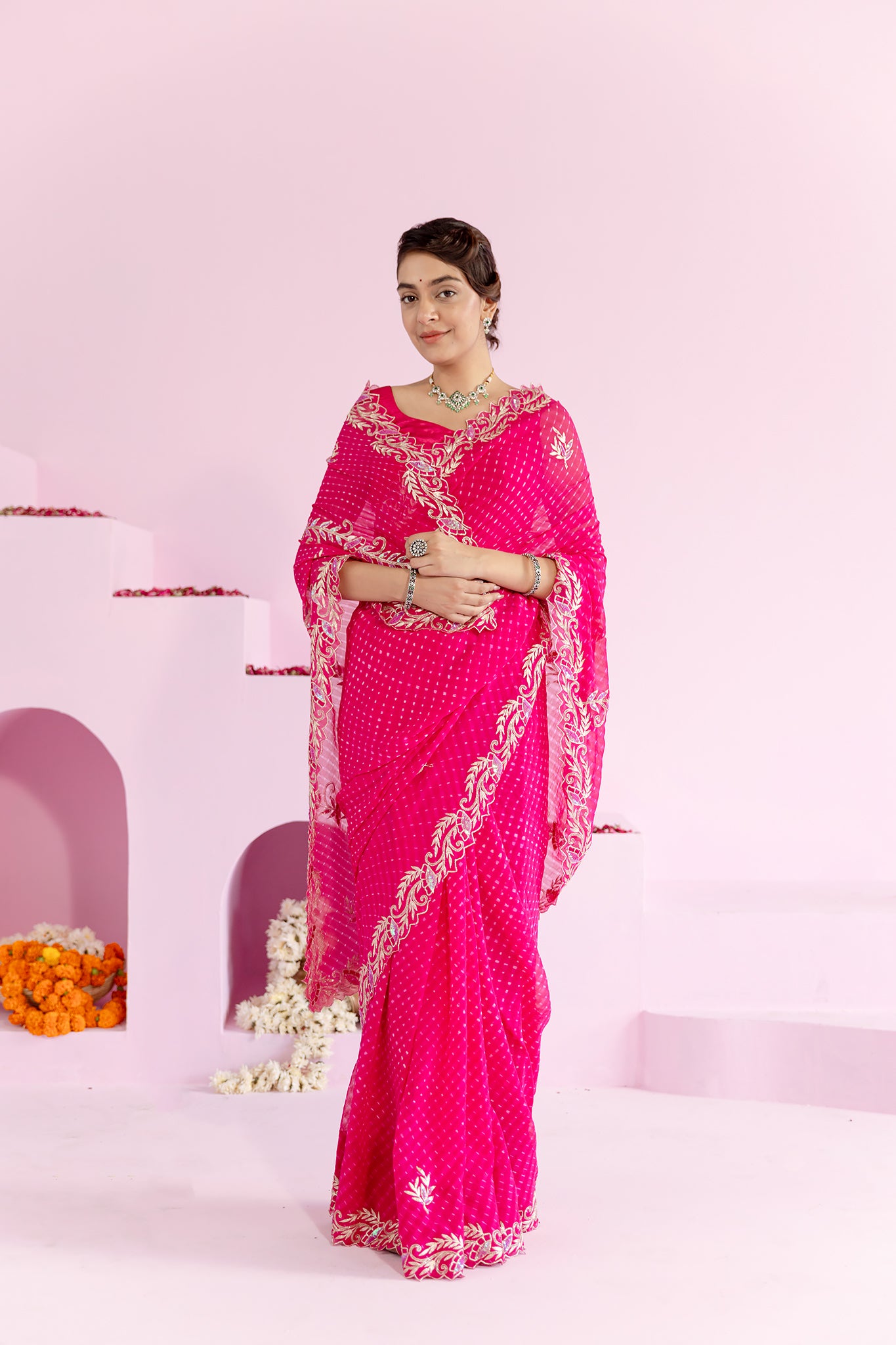 Pure Georgette 20 Gsm Mothda Leheriya Aari Sequins Border Butti Chaadi Work Saree