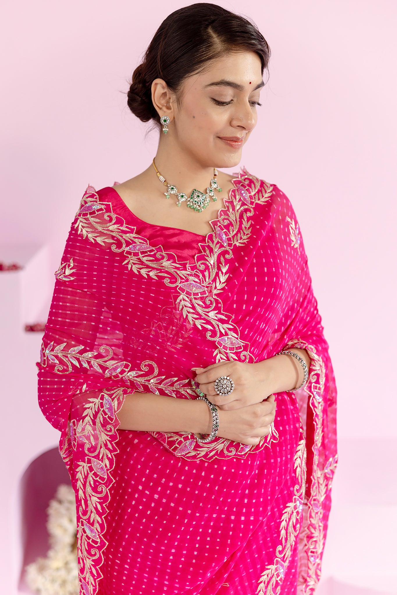 Pure Georgette 20 Gsm Mothda Leheriya Aari Sequins Border Butti Chaadi Work Saree