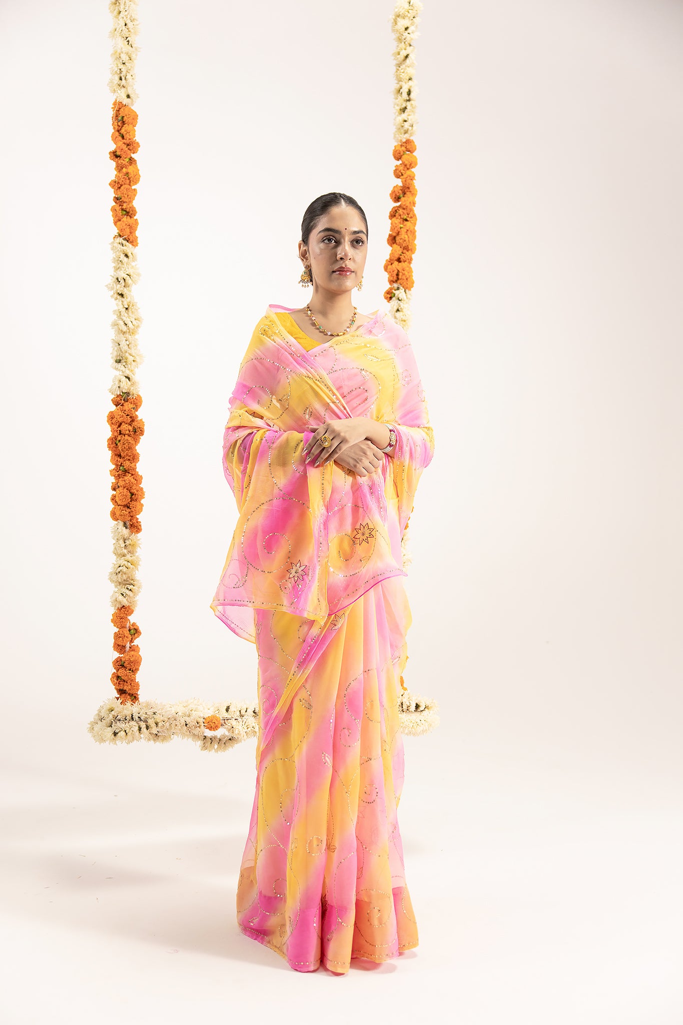 Pure Chiffon Yellow Pink Leheriya Aari Sequins Jaal Work Saree