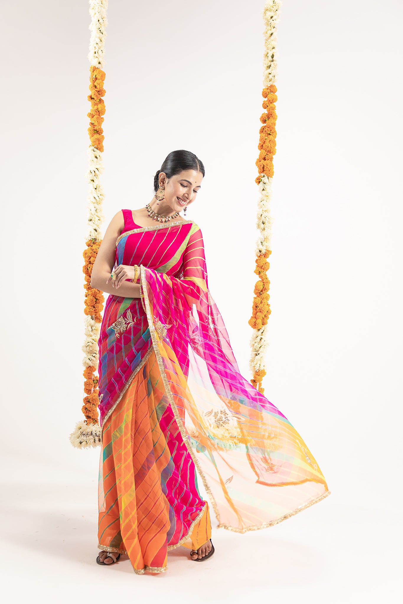 Pure Georgette 20 Gsm Multi Leheriya Aari Sequins Motifs Work Saree