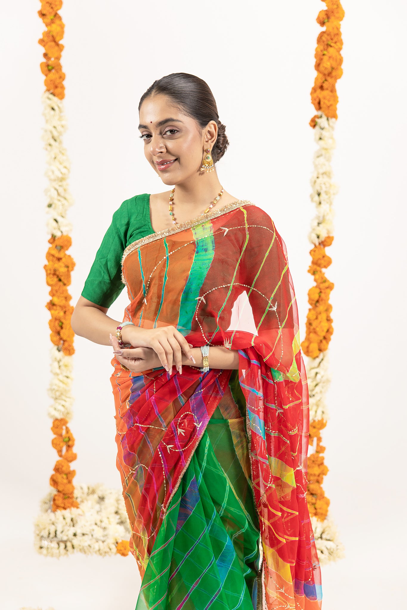 Pure Georgette 20 Gsm Multi Leheriya Aari Sequins Jaal Work Saree