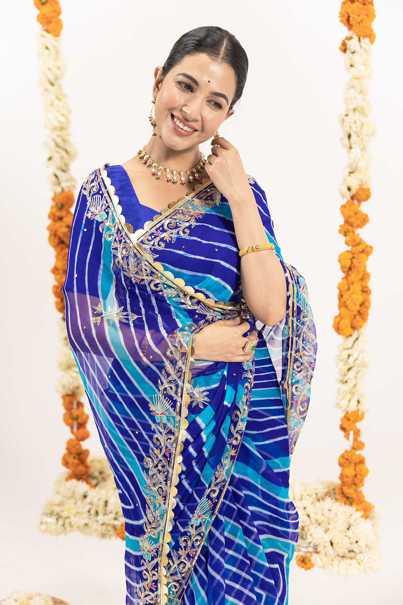 Pure Georgette 20 Gsm Blue Leheriya Aari Sequins Border Butti Work Saree