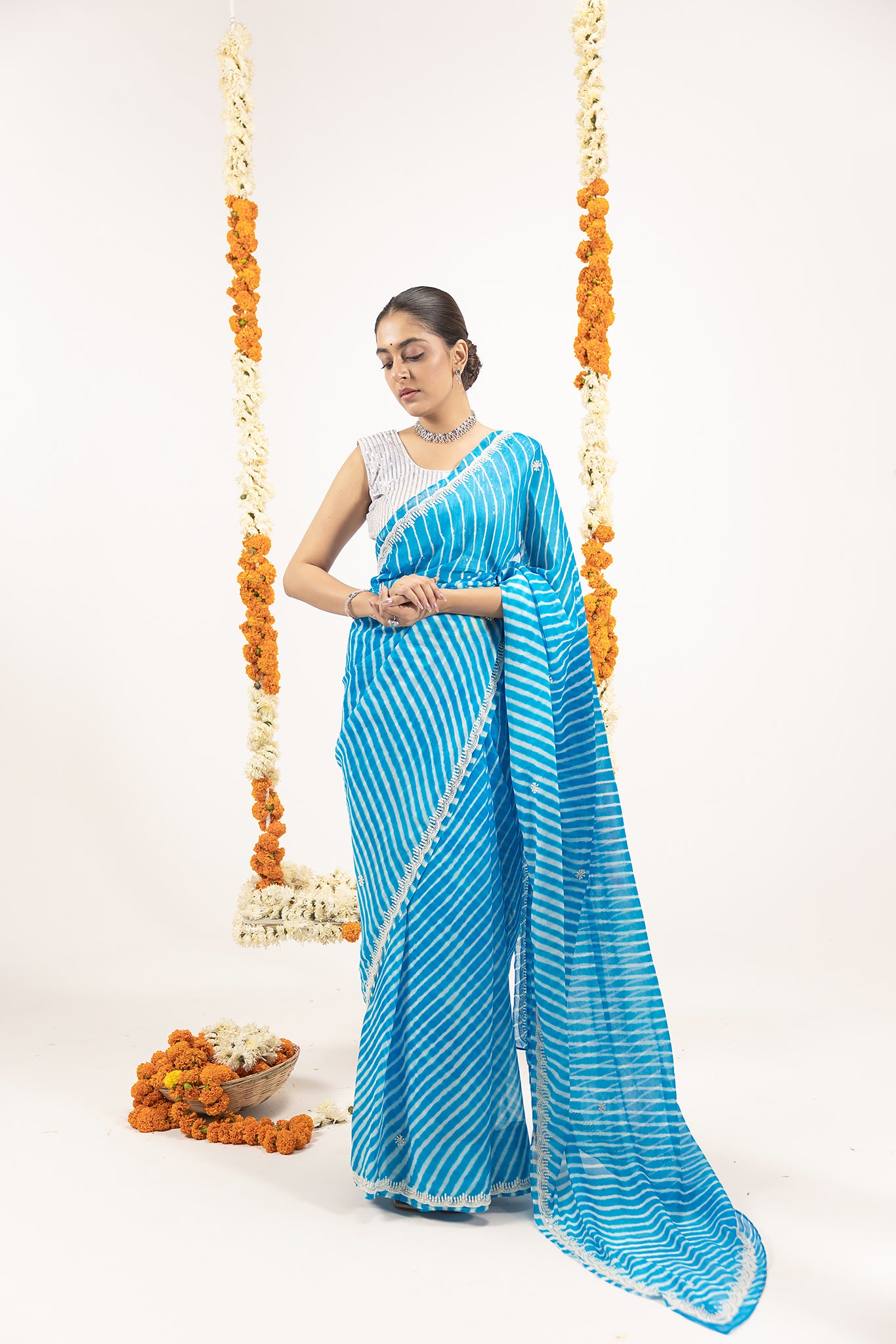 Pure Georgette 40 Gsm Firozi Blue Leheriya Resham Pearl Border Butti Work Saree