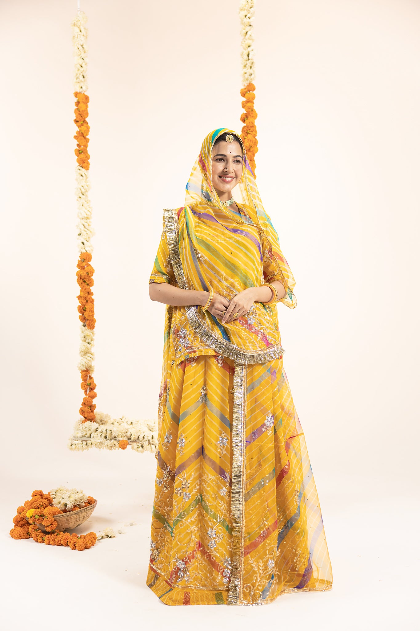 Pure Georgette 20 Gsm Yellow Leheriya Aari Sequins Zardozi Jaal Work Poshak