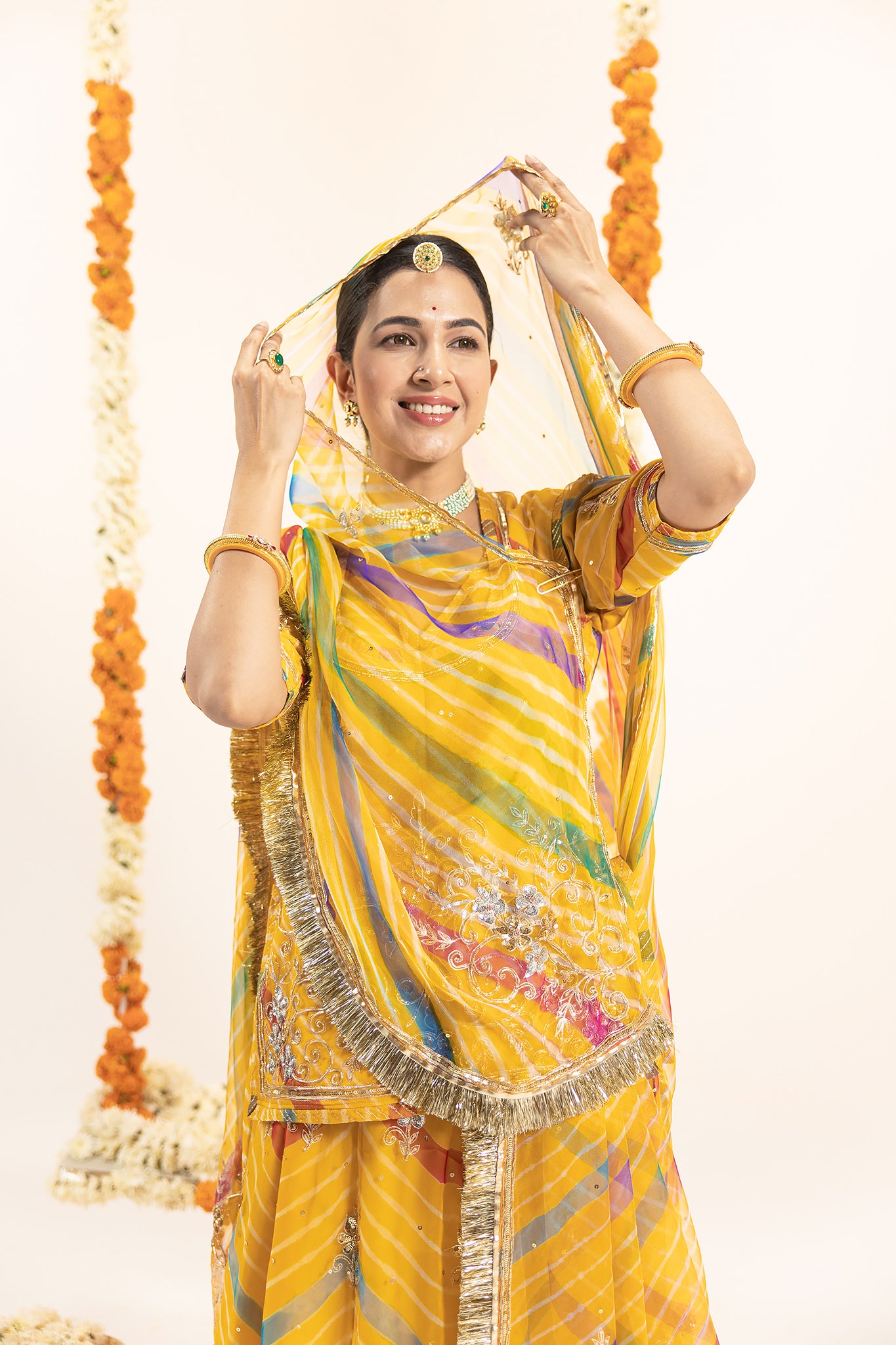 Pure Georgette 20 Gsm Yellow Leheriya Aari Sequins Zardozi Jaal Work Poshak