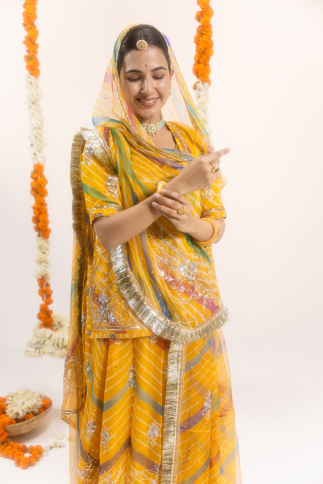 Pure Georgette 20 Gsm Yellow Leheriya Aari Sequins Zardozi Jaal Work Poshak